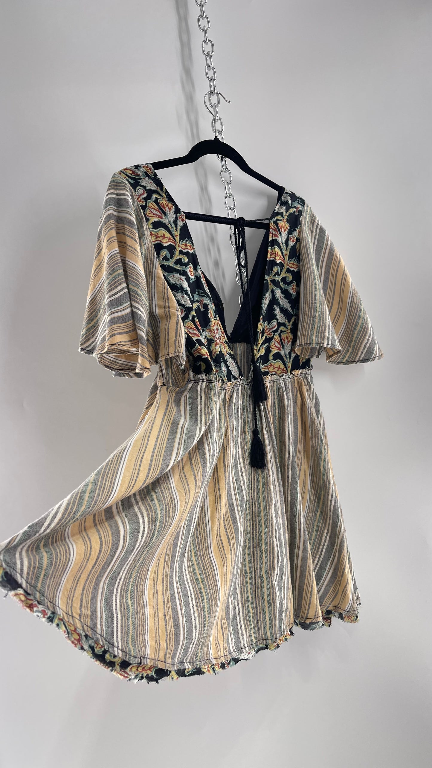 Free People Dual Fabric Floral/Woven Boho Babydoll Mini Dress (XS)