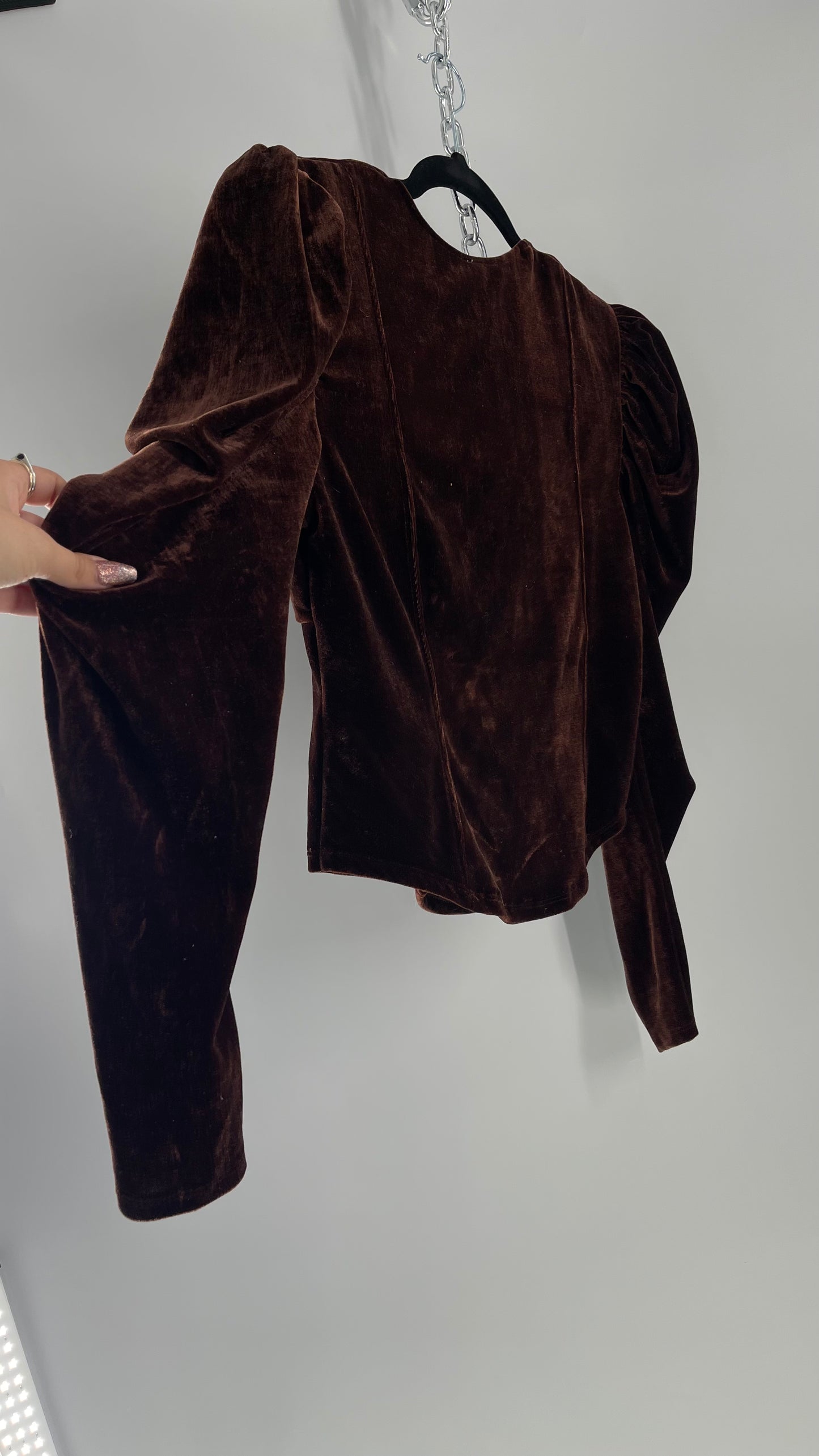 Free People Dark Brown Velvet Long Sleeve Cropped Blouse with Milkmaid Neckline and Renaissance Puff Shoulder (Large)