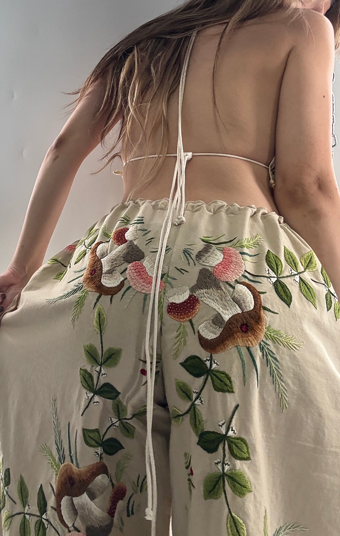 Vintage Custom Handmade and Hand Embroidered Two Piece Set with Mushrooms, Vines, and Ladybugs (XS-L)
