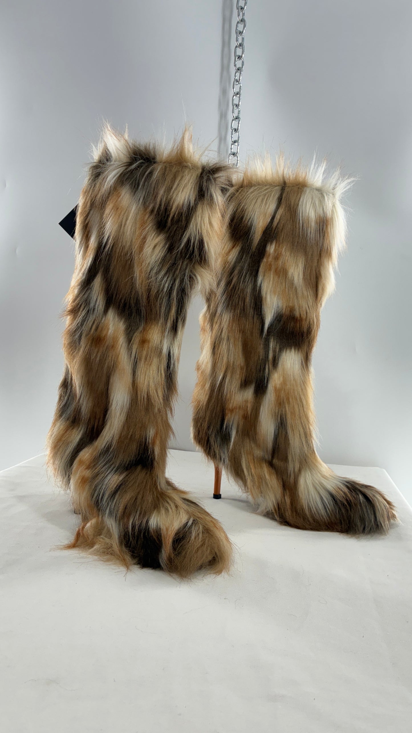 Vintage Mixed Tone Vegan Fur, Knee High, Pointed Toe Boots (43)