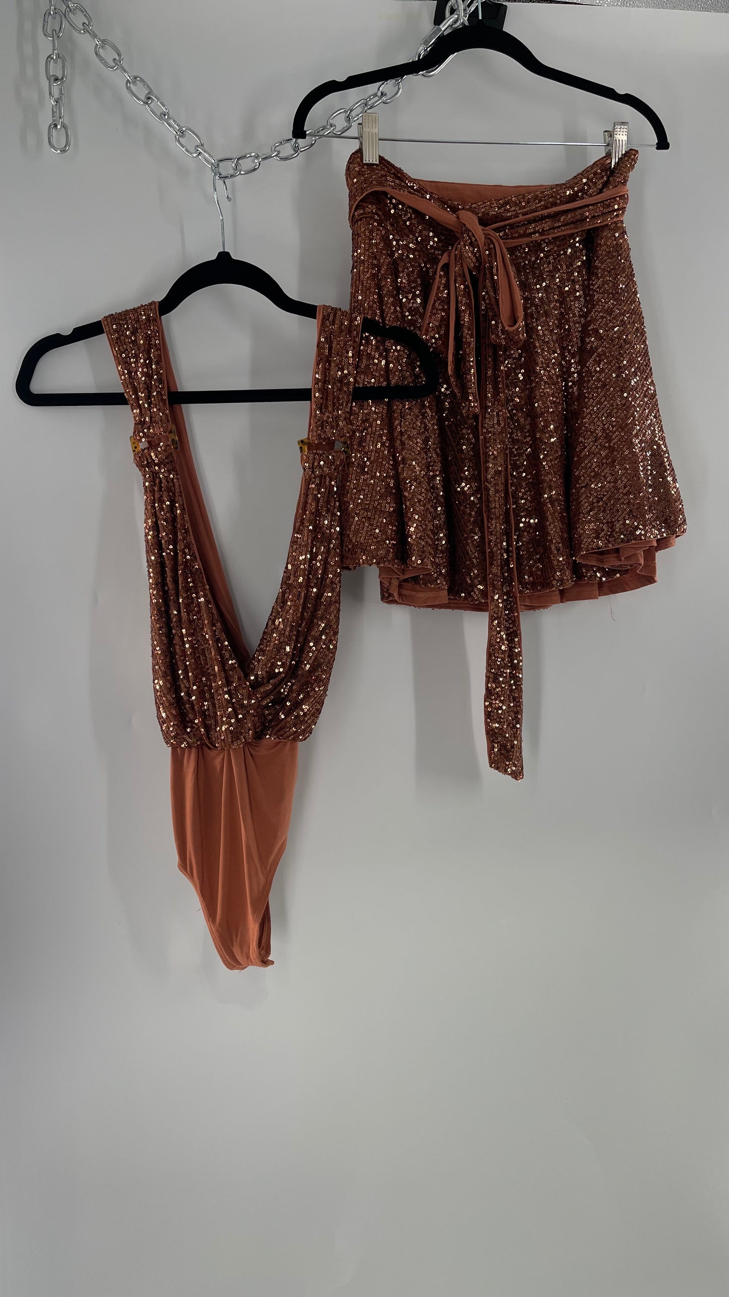 Free People Bronze Sequin 2Piece Set with Wrap Around Skirt and Bodysuit (XS body, S Skirt)