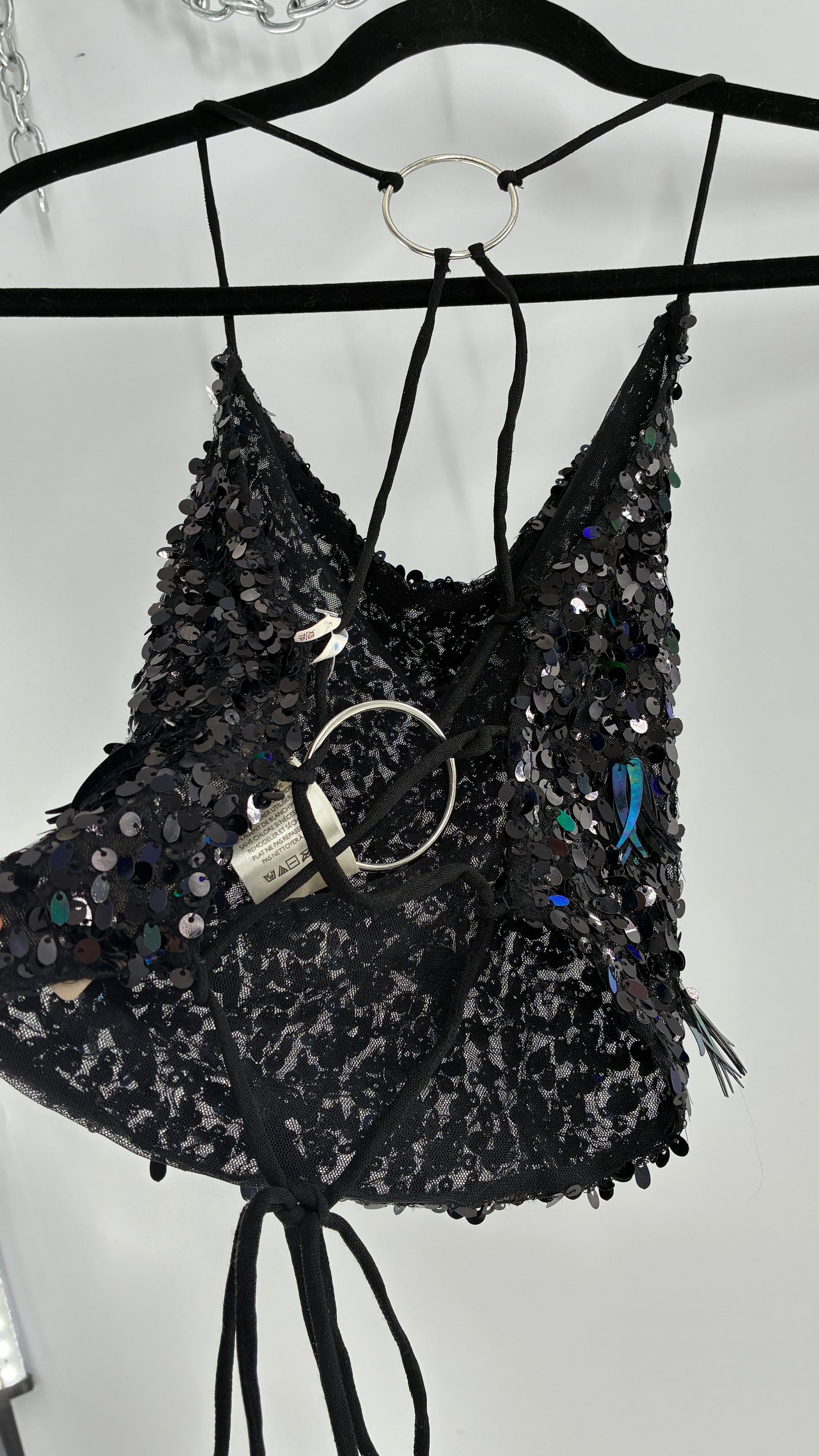 Free People Black Open, Tie Up Back Camisole Covered in Sequins with Silver Hoop Details (XS)