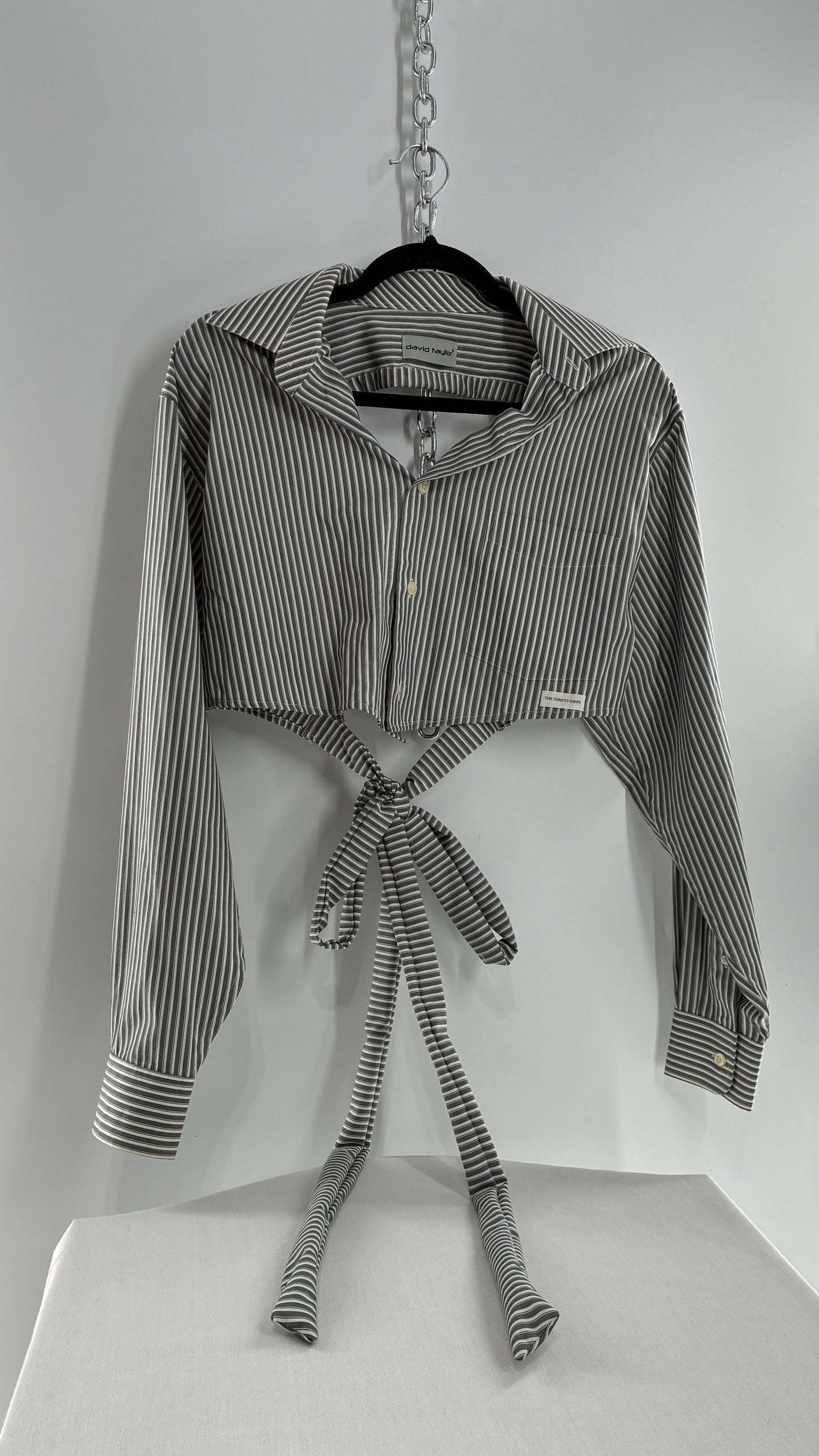 Vintage DAVID TAYLOR Reworked Button Front Backless Grey Striped Blouse (One Size)
