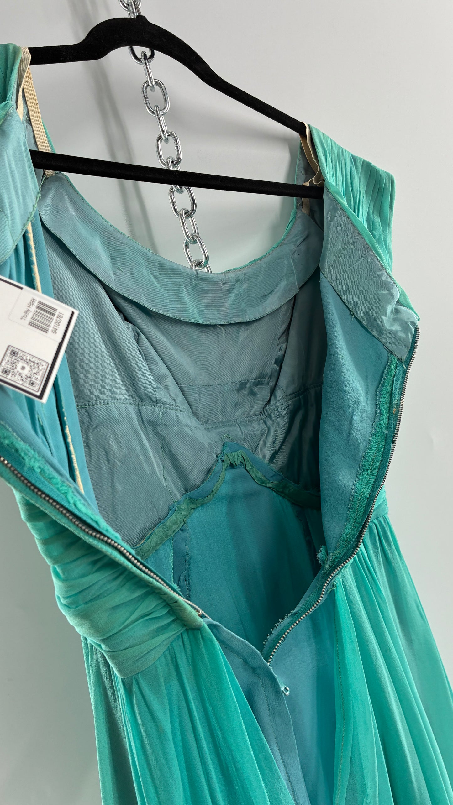 Vintage Teal Handmade Mini Dress with Pleated Basket Woven Bust (XS)