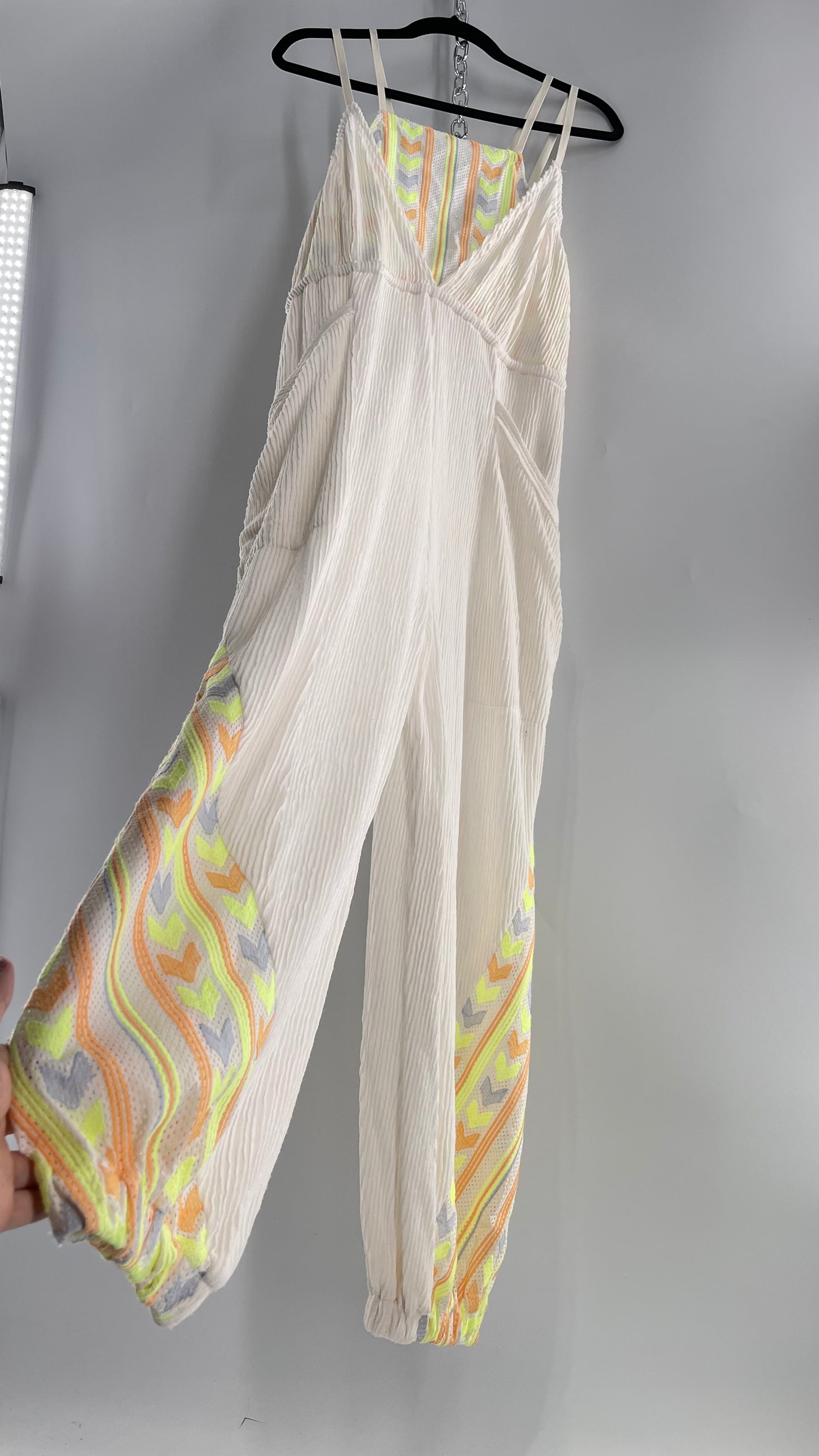Free People Movement Cream Ribbed Jumpsuit with Yellow/Orange Embroidered Details and Waist Cinching Drawstring (Small)