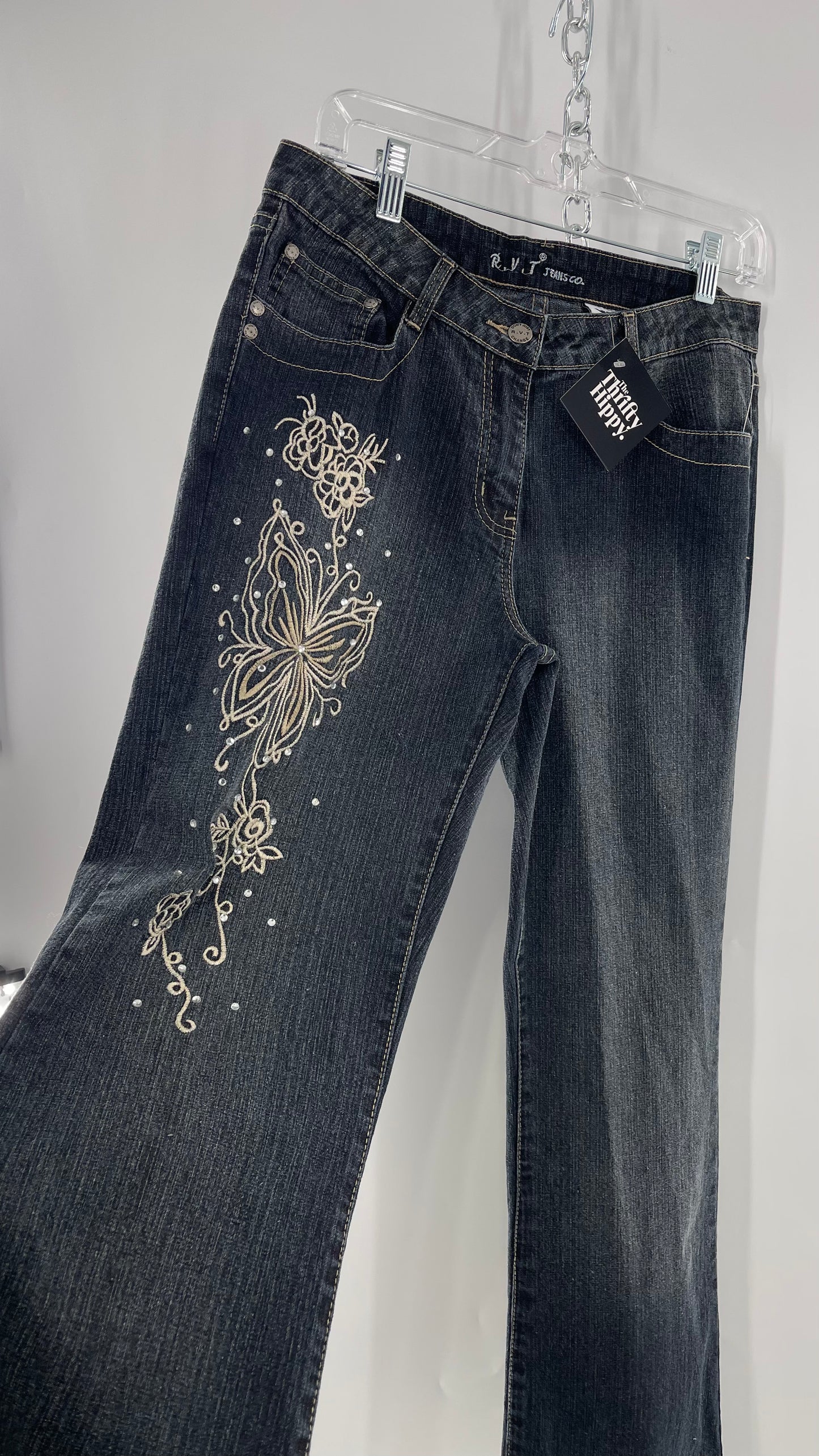Vintage RVT Grey Kickflare Jeans with Butterfly Embroidery and Rhinestone Embellishment (9/10)