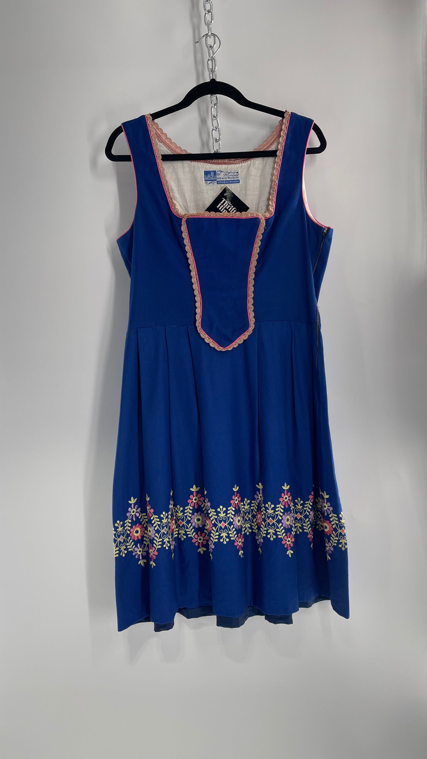 Vintage 1970s Spitzing Modell Wilhelm Picherer Hohenkirchen Traditional German Hand Embroidered Royal Blue Dress (M)