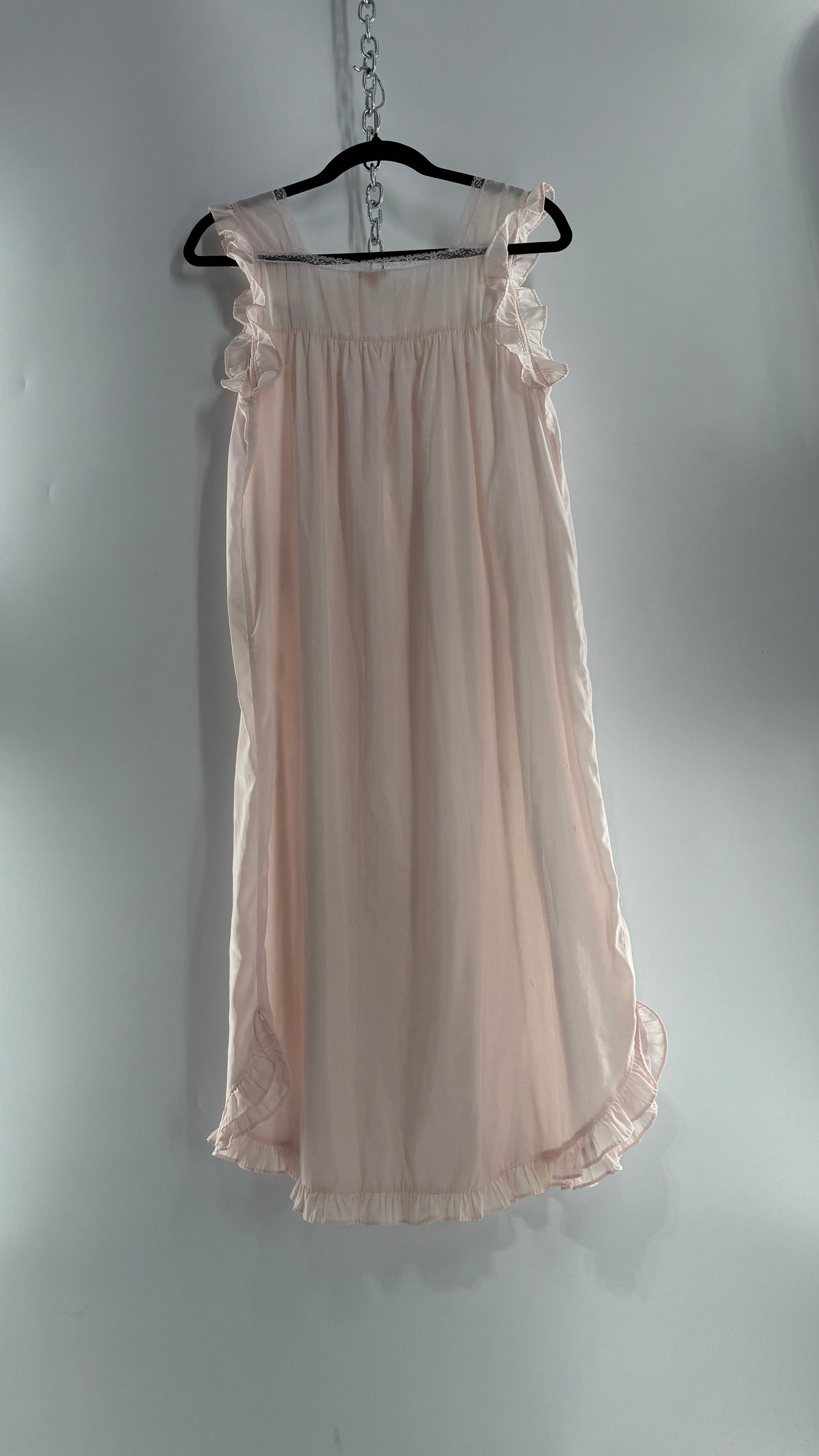 Vintage Barbarie Baby Pink Nightgown Style Dress with Embroidered Florals and Ruffled Straps