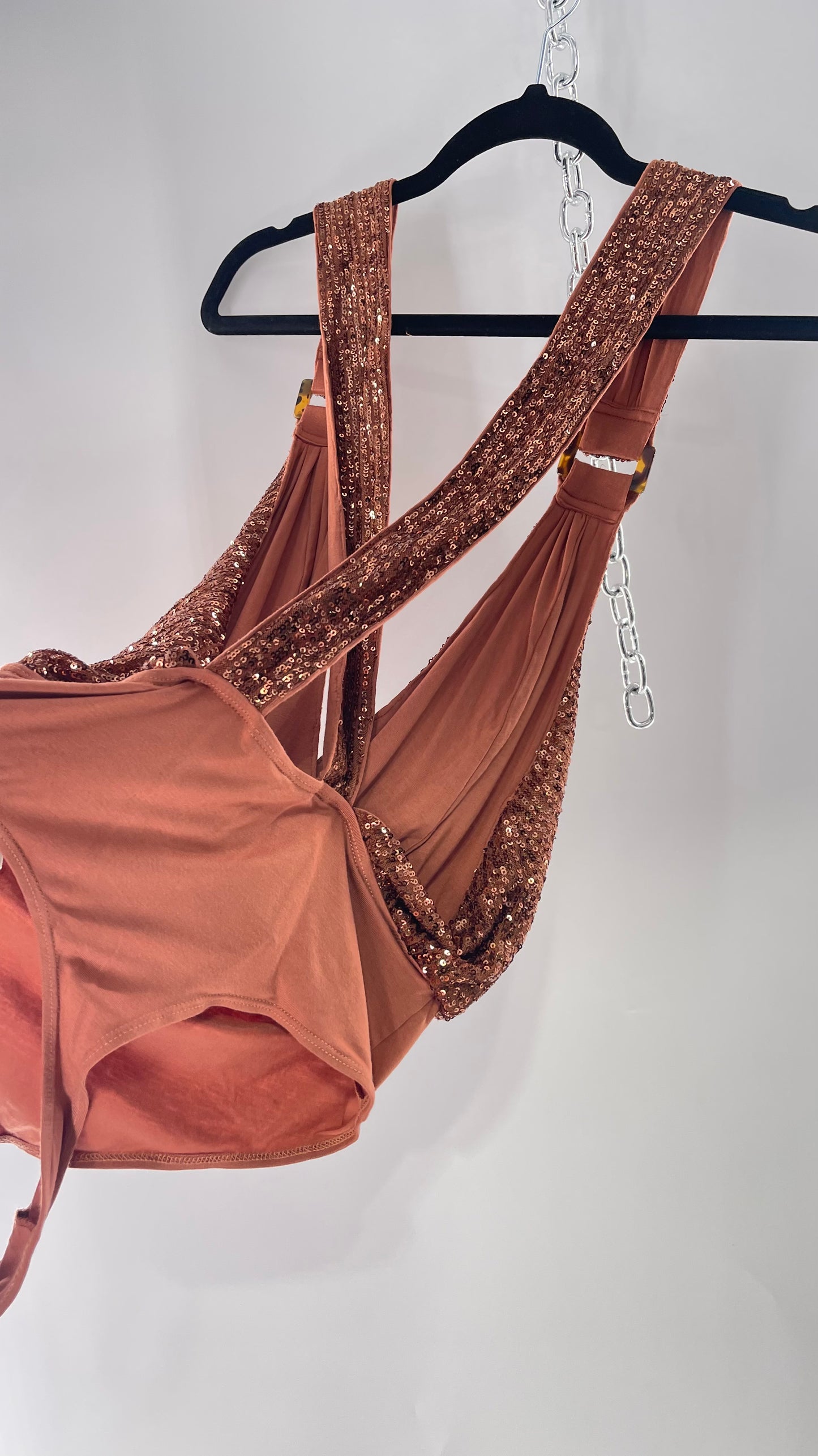 Free People Copper Sequin Draping Bodysuit with Tortoise Shell Buckle Detail (Medium)