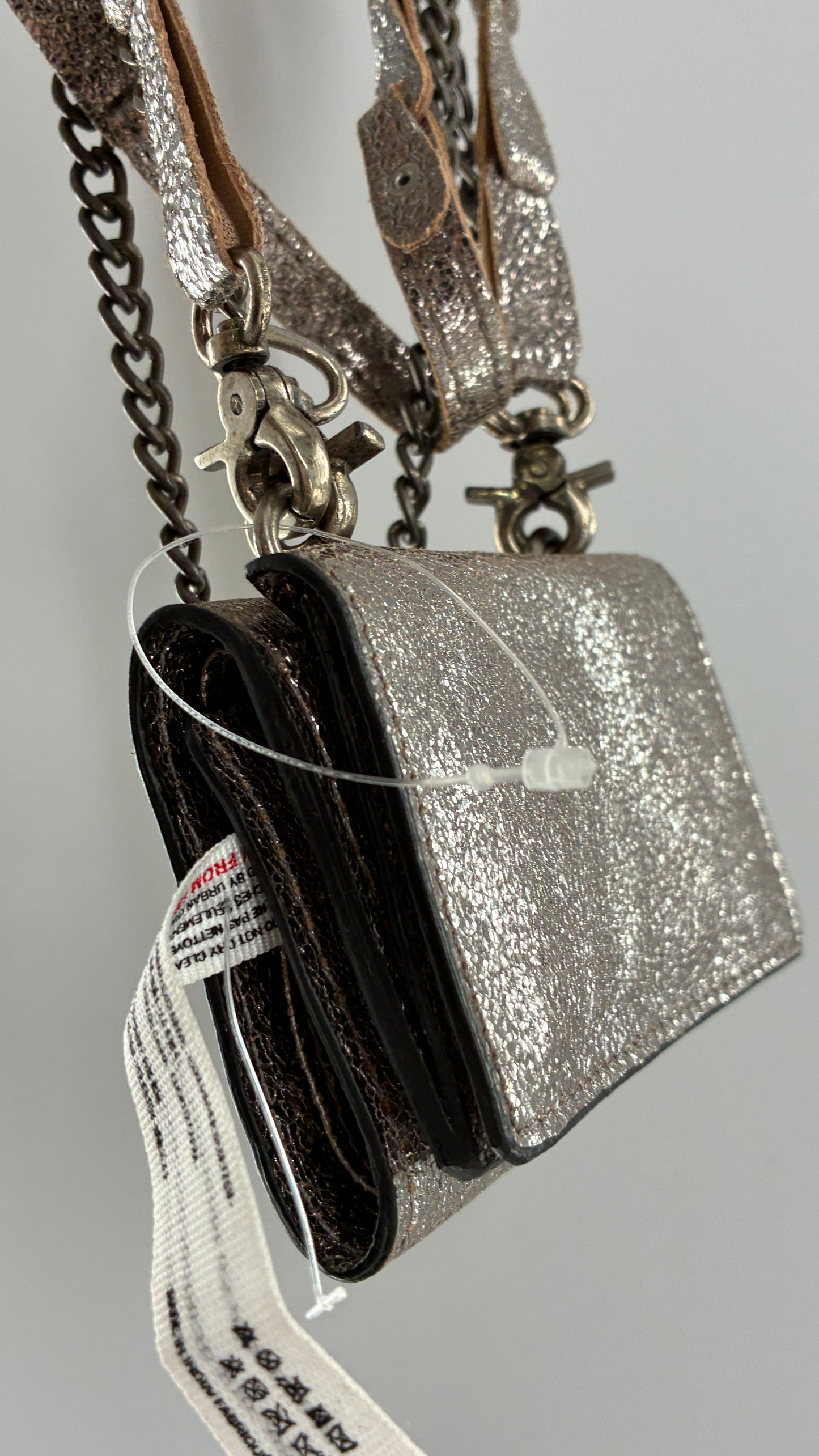 Free People Silver Gun Metal Metallic Goat Leather Wallet with Leather and Chain Straps