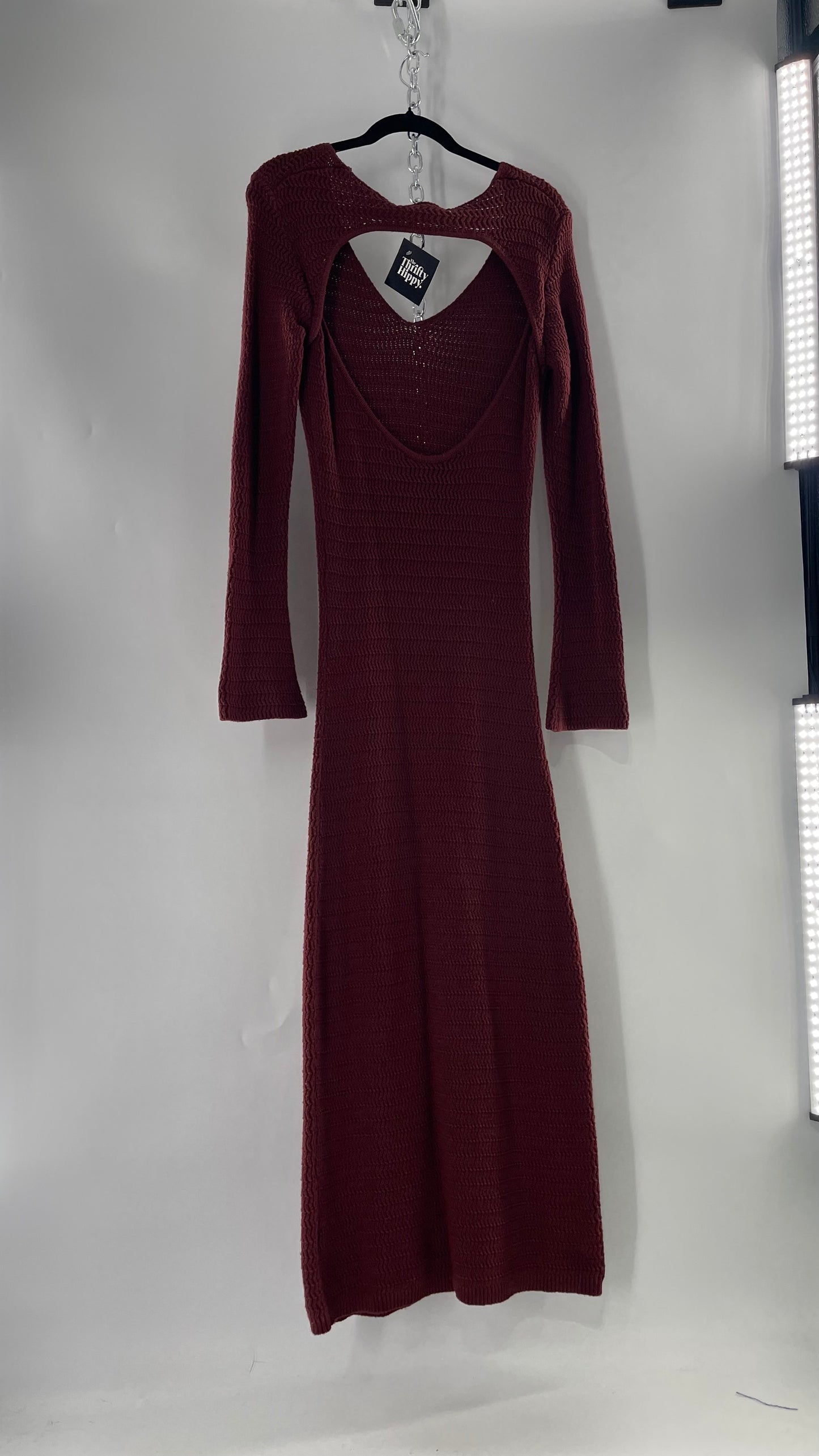 Free People Burgundy Knit Maxi Dress with Open Back and Bell Sleeves (Small)