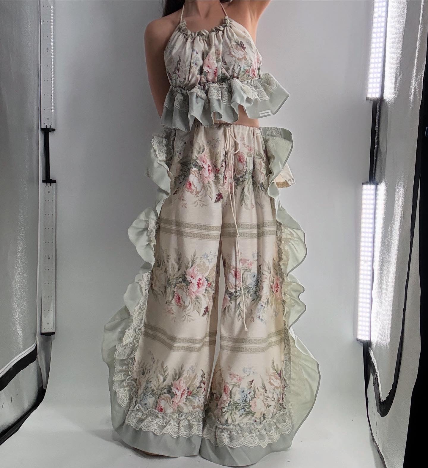 Handmade Vintage Muted Florals Two Piece Set with Adjustable Waist and Bust Lines (XS-XL)