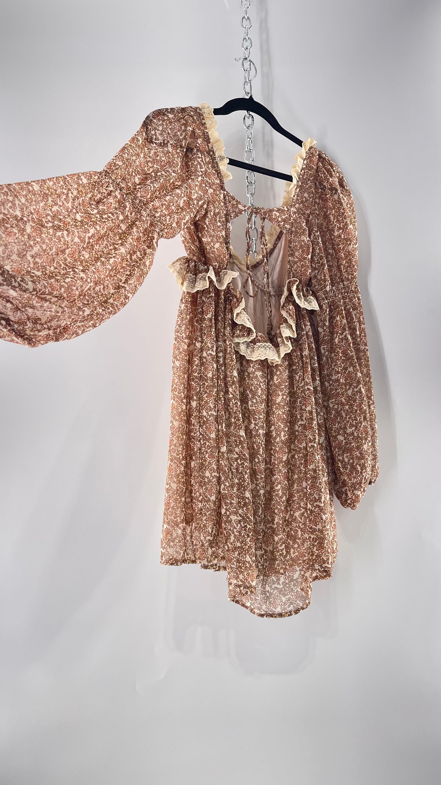 Free People Brown Floral Mini Dress with Beige Lace Lining and Puffy Balloon Sleeves (XS)