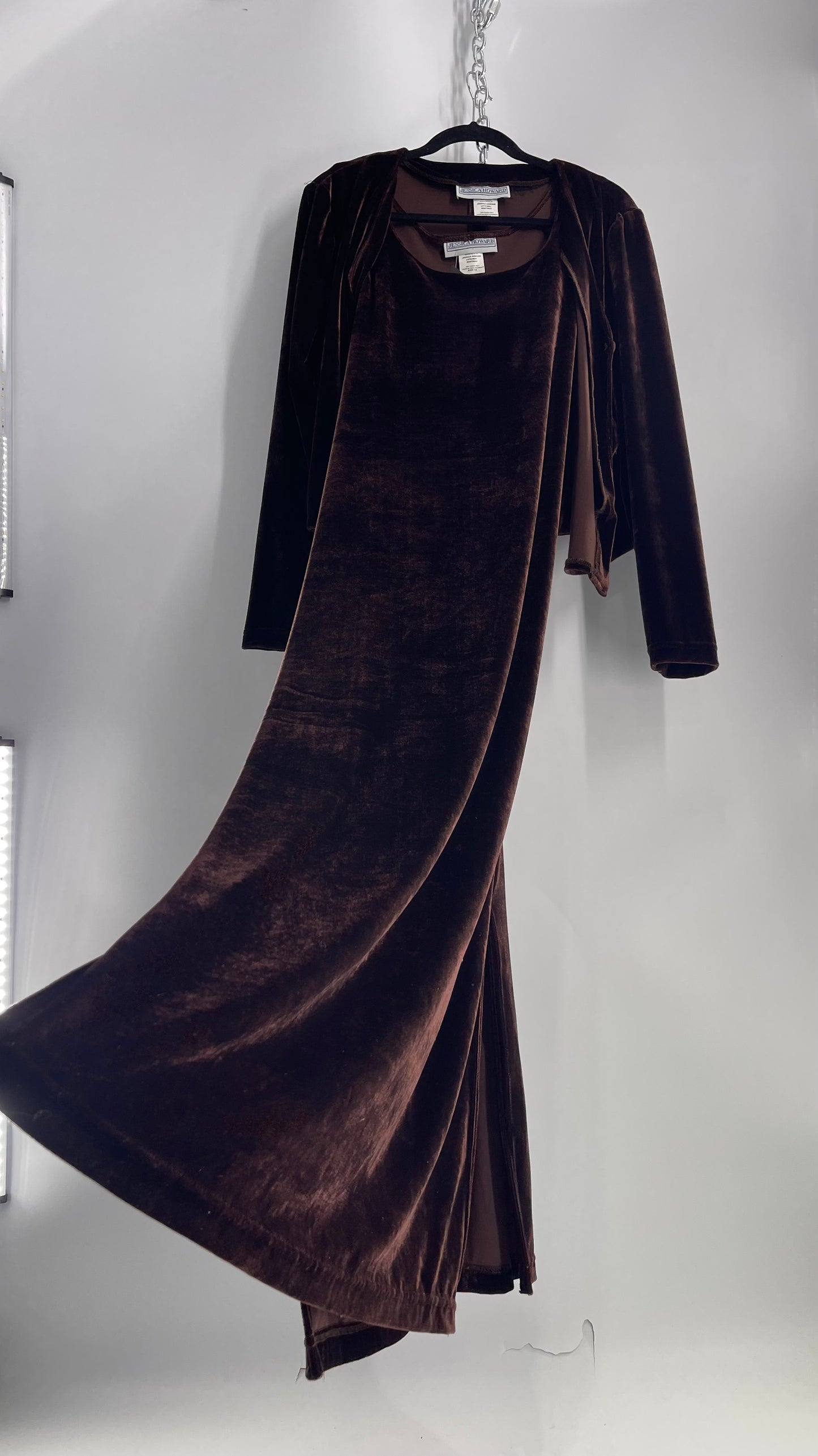 Vintage 1990s Jessica Howard Brown Velvet Sleeveless Dress and Cardigan (14)