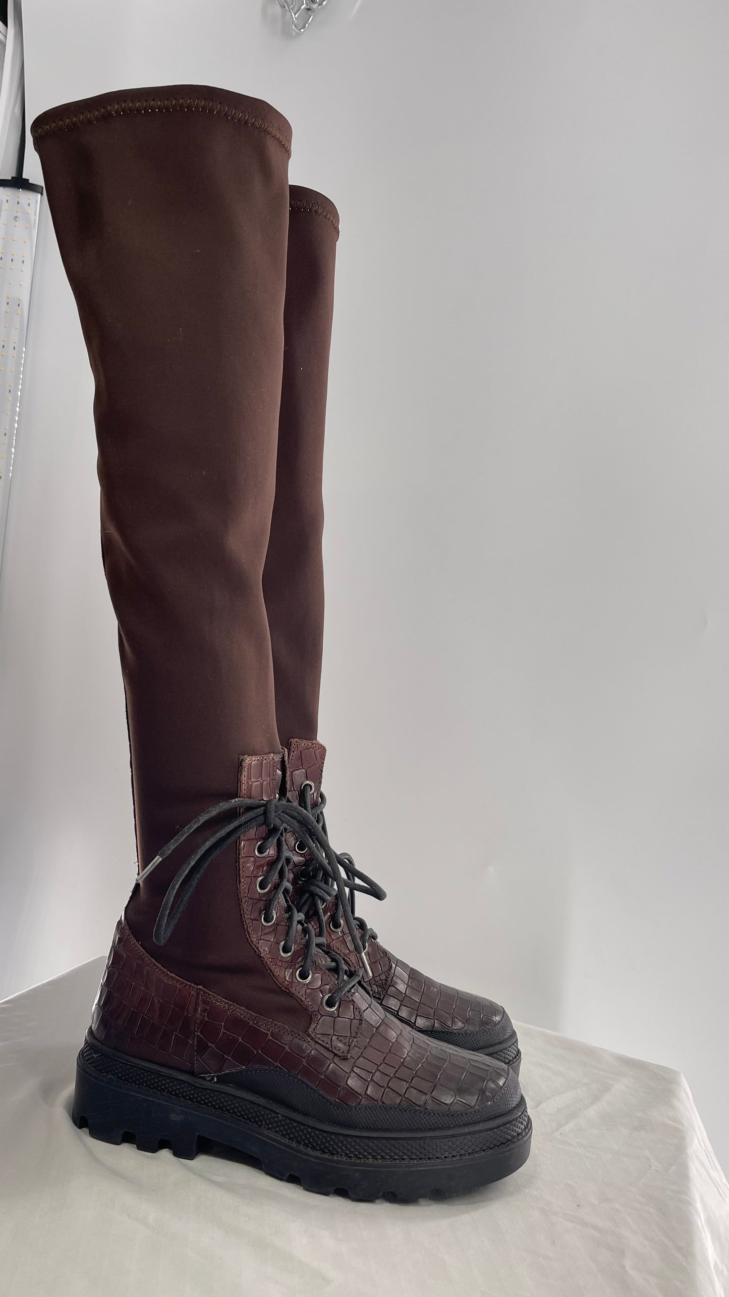 Free People Dark Brown Riding Style Embossed Knee High Platform Boots (37)