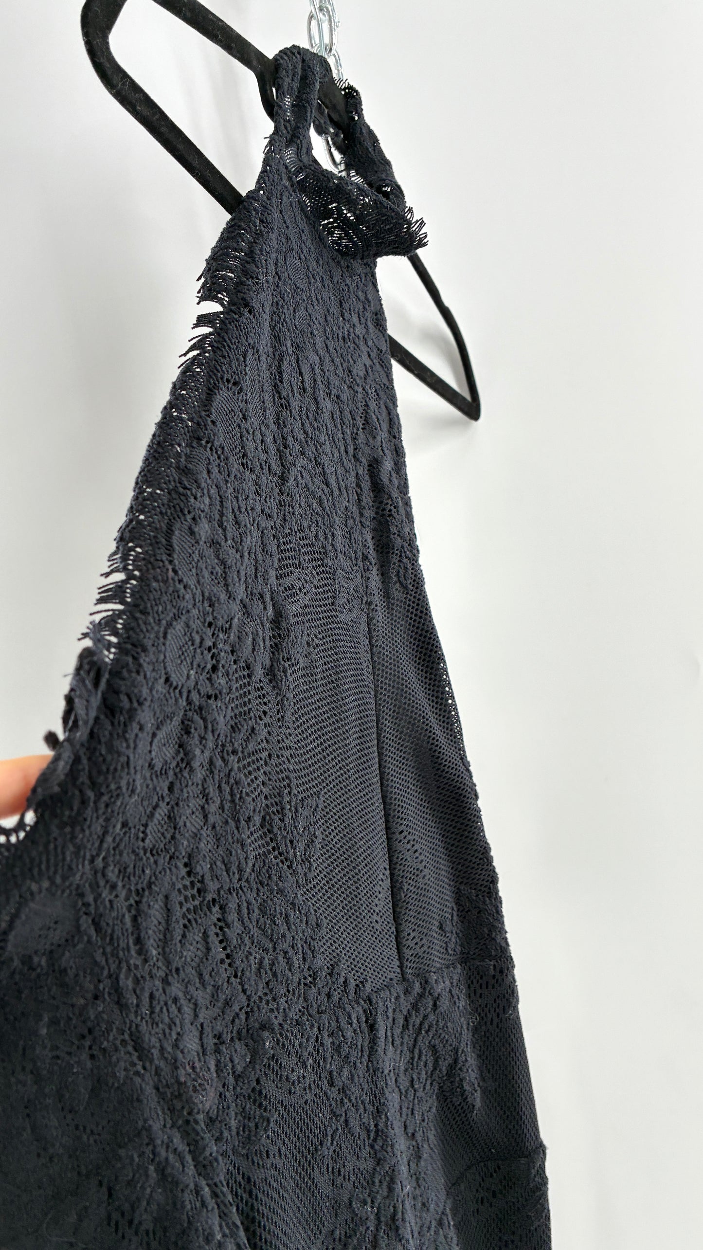Free People Black Lace Halter Mini Dress with Open Back (Medium)