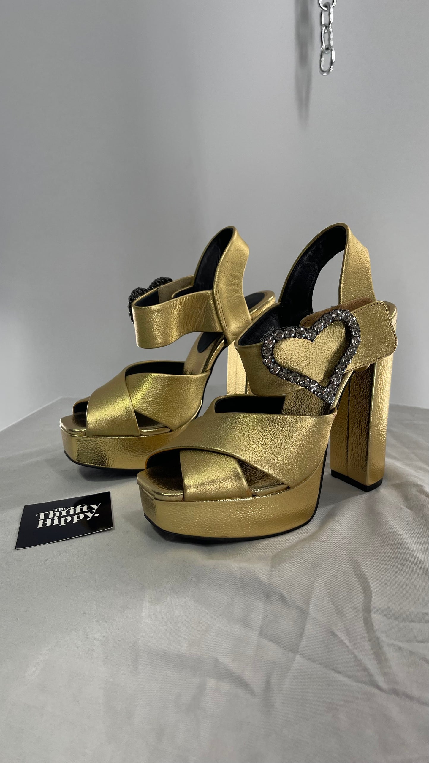 Jeffrey Campbell Metallic Gold Chunky Gold Platform Heel with Rhinestone Heart Buckles (6.5)