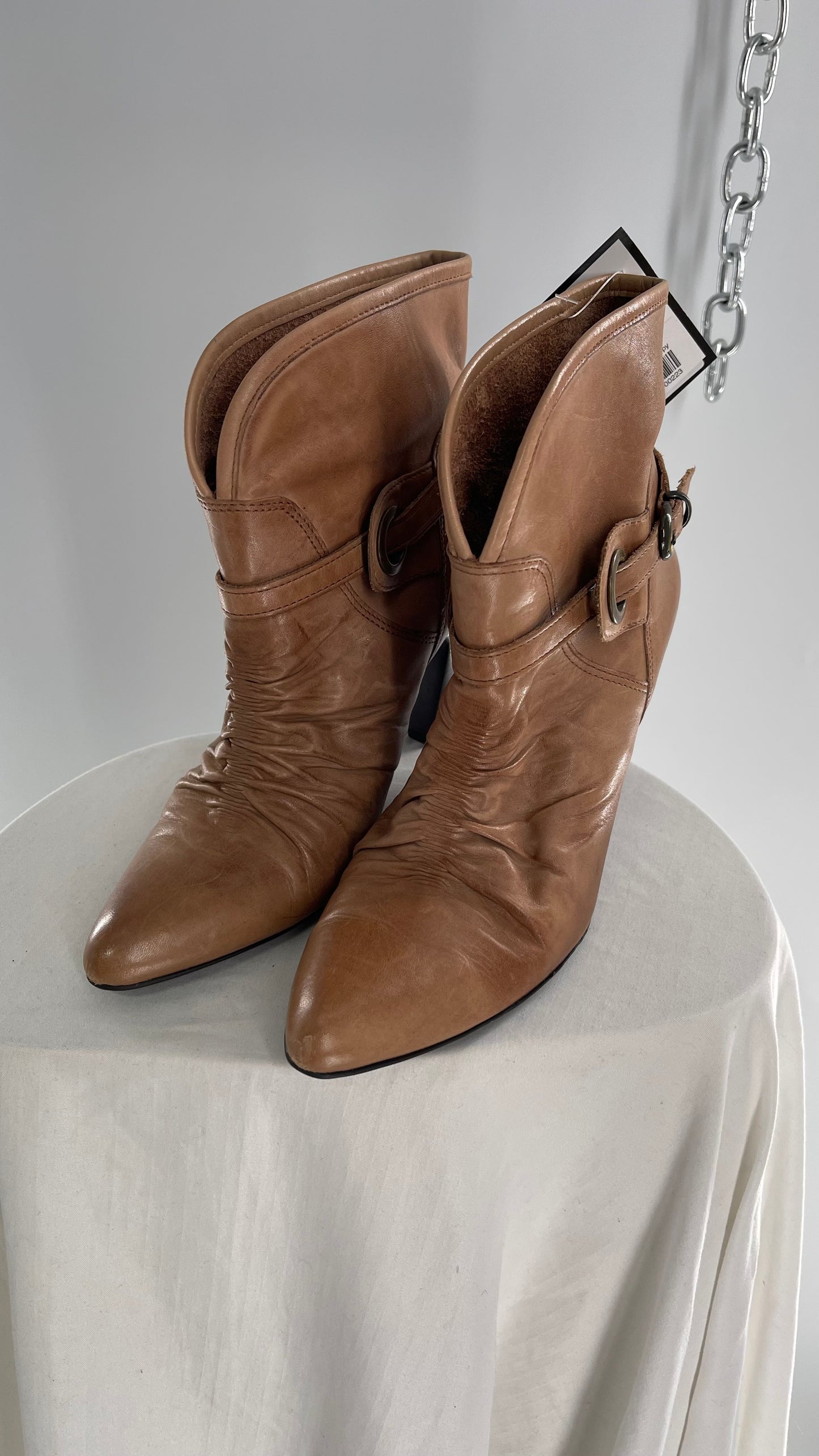 Vintage Pointed Toe Booties with Ruching and Belt Detail Made in Brazil