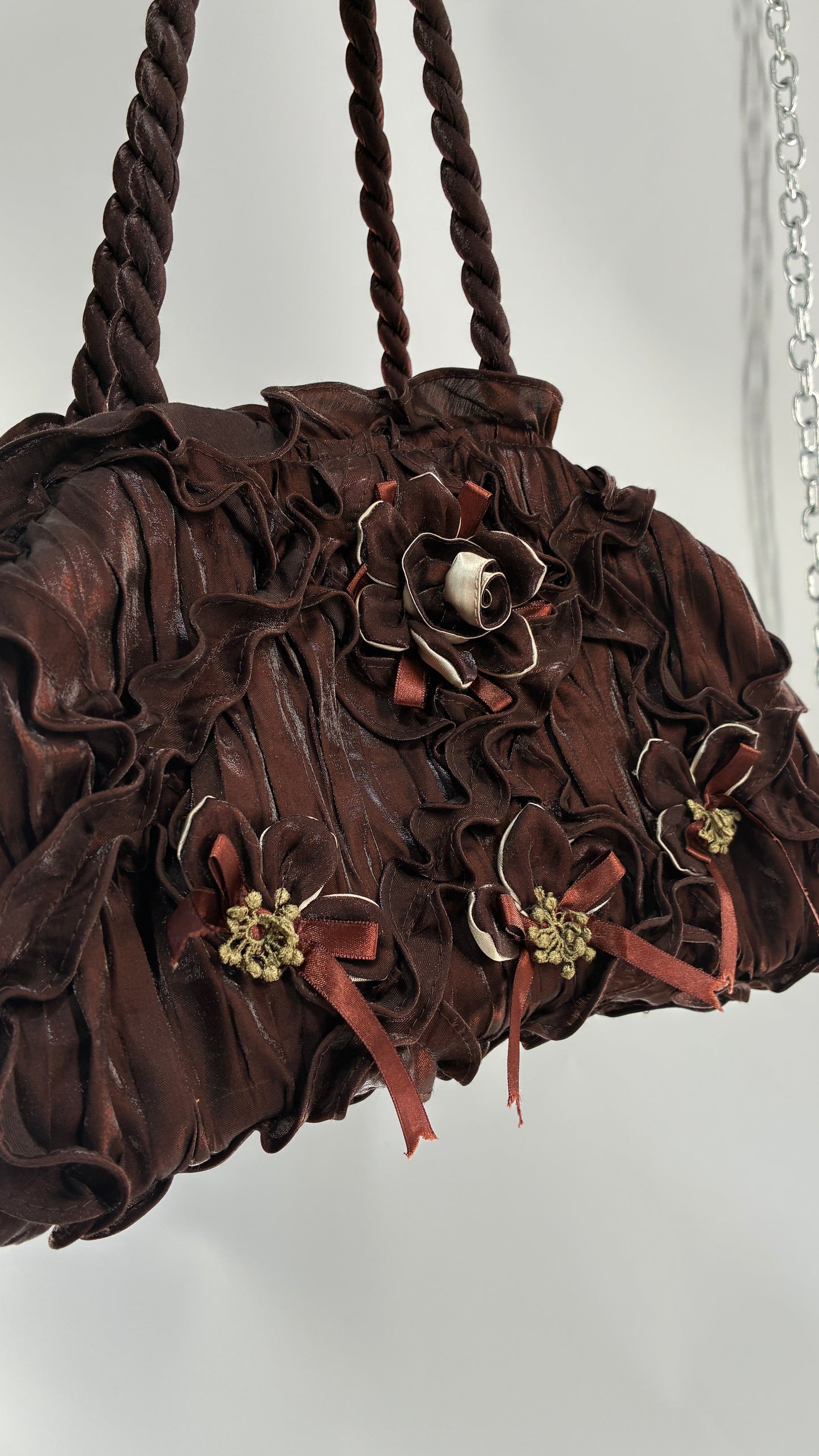 Vintage Oversized Brown Slouchy Purse with Embroidered Rosettes and Braided Strap