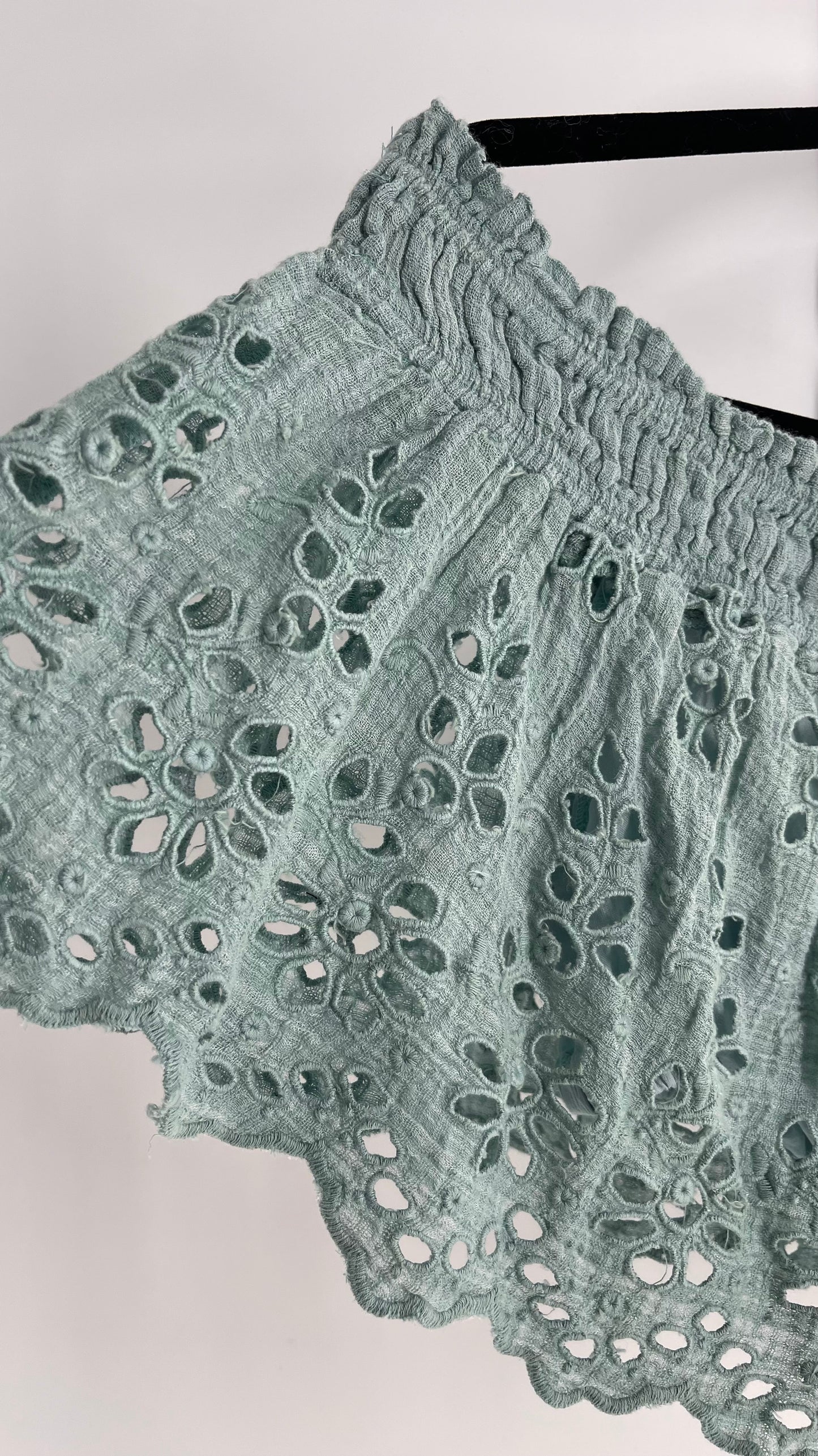 Free People Eyelet Cotton Teal Blue Off the Shoulder Ruffle Bandeau (Medium)
