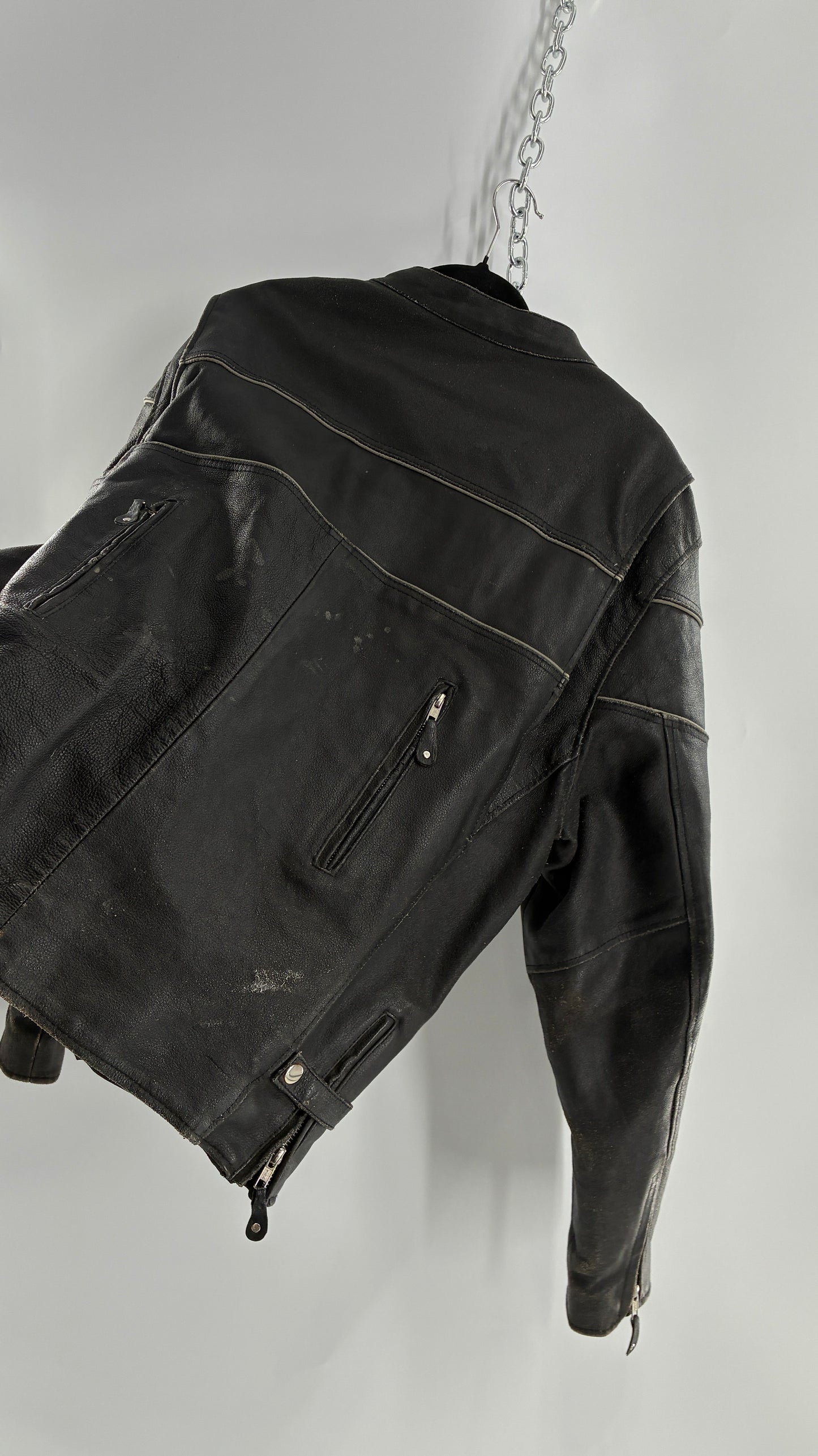 Vintage Distressed Genuine Leather Motorcycle Jacket with Zippered Pockets, Cuffs, and Sides (Large)
