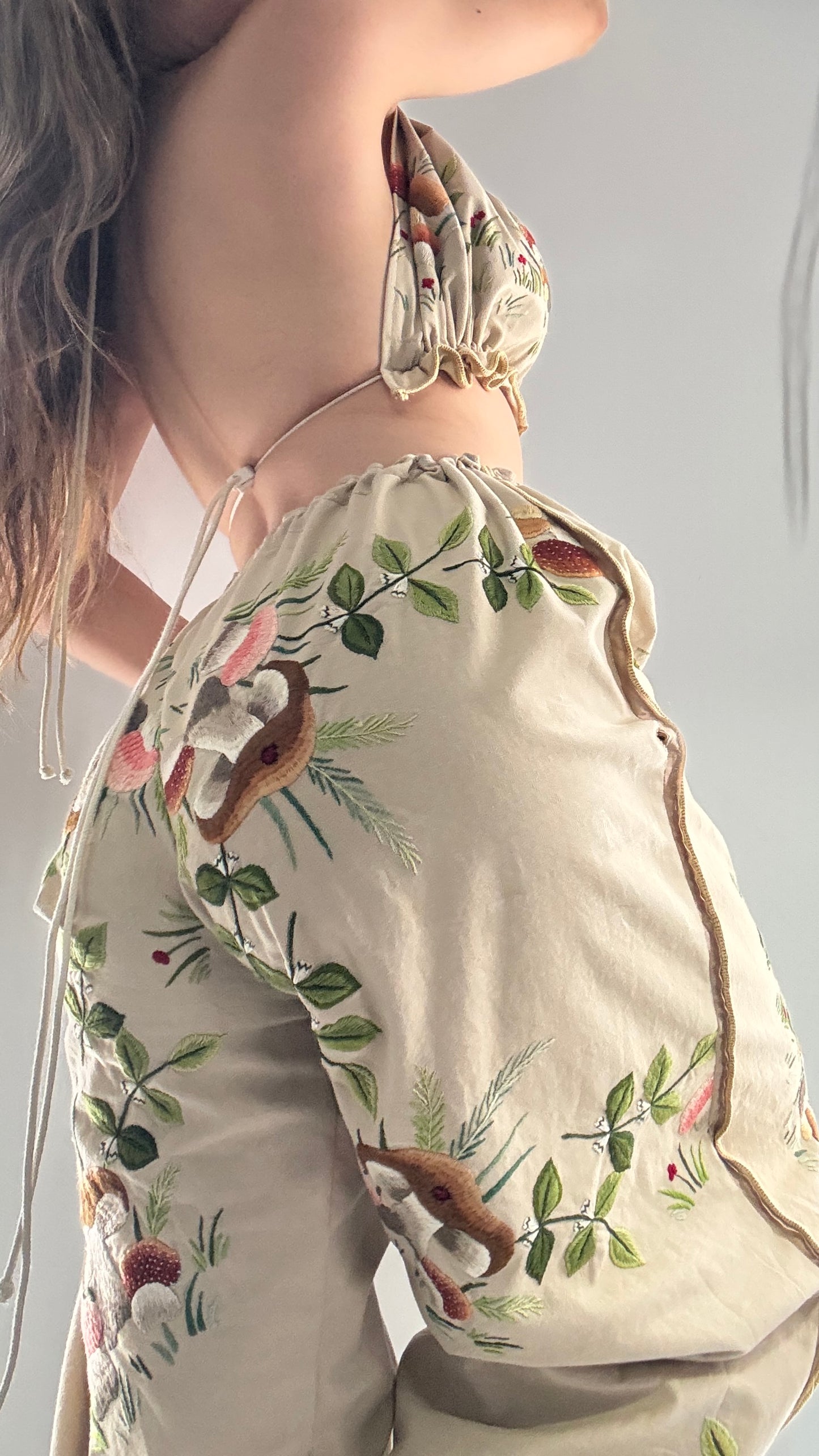 Vintage Custom Handmade and Hand Embroidered Two Piece Set with Mushrooms, Vines, and Ladybugs (XS-L)