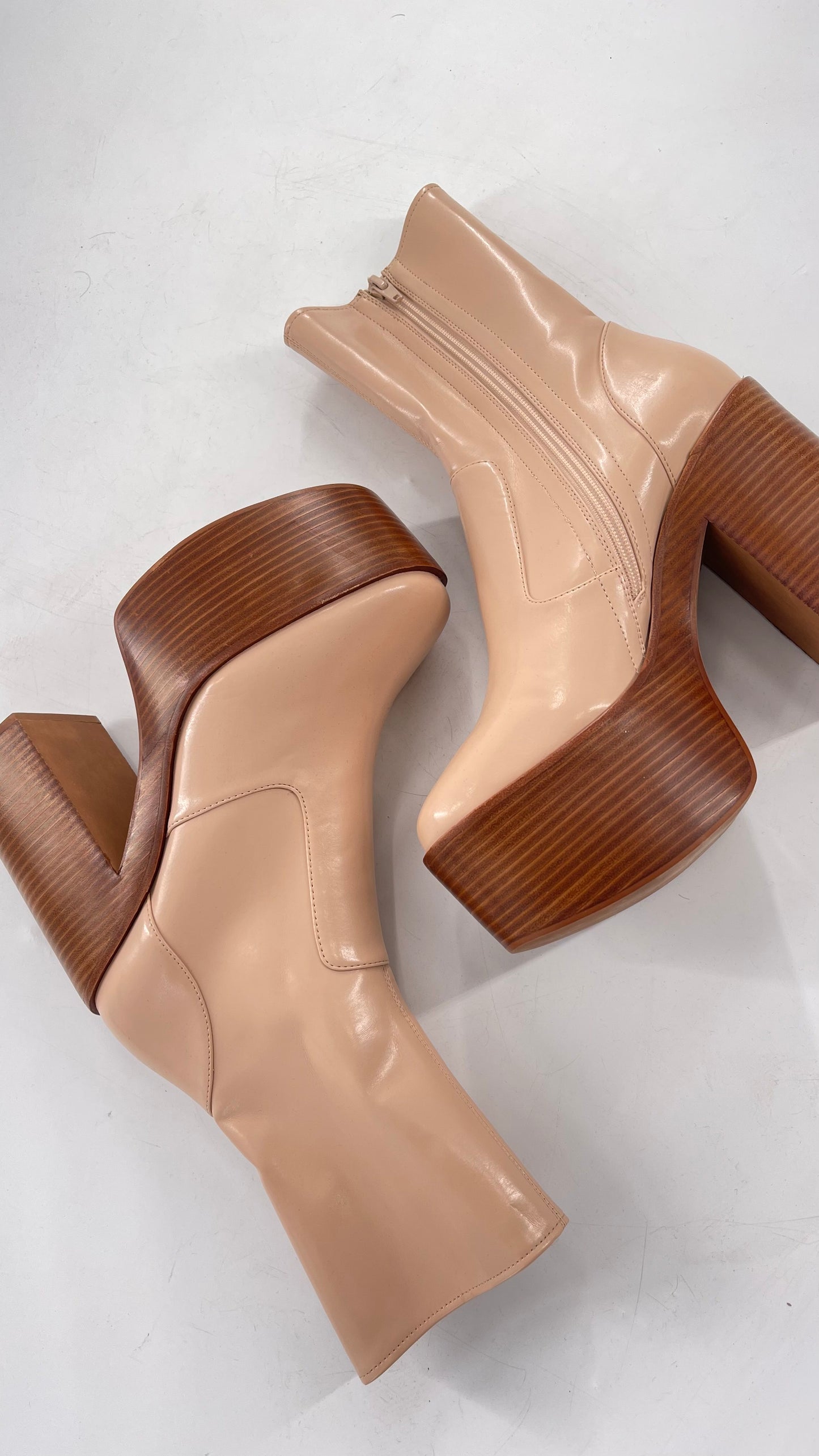 Free People X Jeffrey Campbell Mexique GoGo Boots • Beige Patent Boot with Wood Grain Chunky Block Heel and Platform (9)