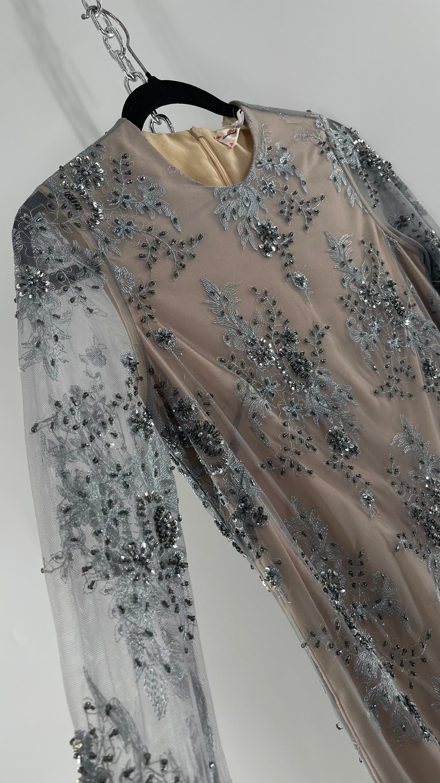 Koravilas Anthropologie Grey Mesh Embroidered Lace Long Sleeve Beaded Dress (4)