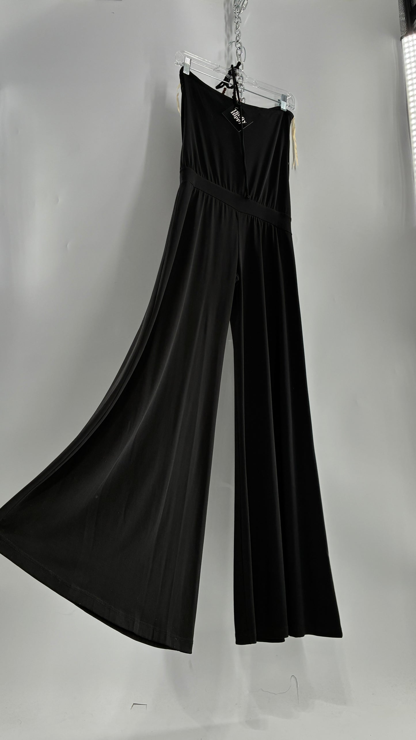 Vintage L8ter 1990s Black Drop Waist Wide Leg Jumpsuit with Beaded Choker Halter (Small)