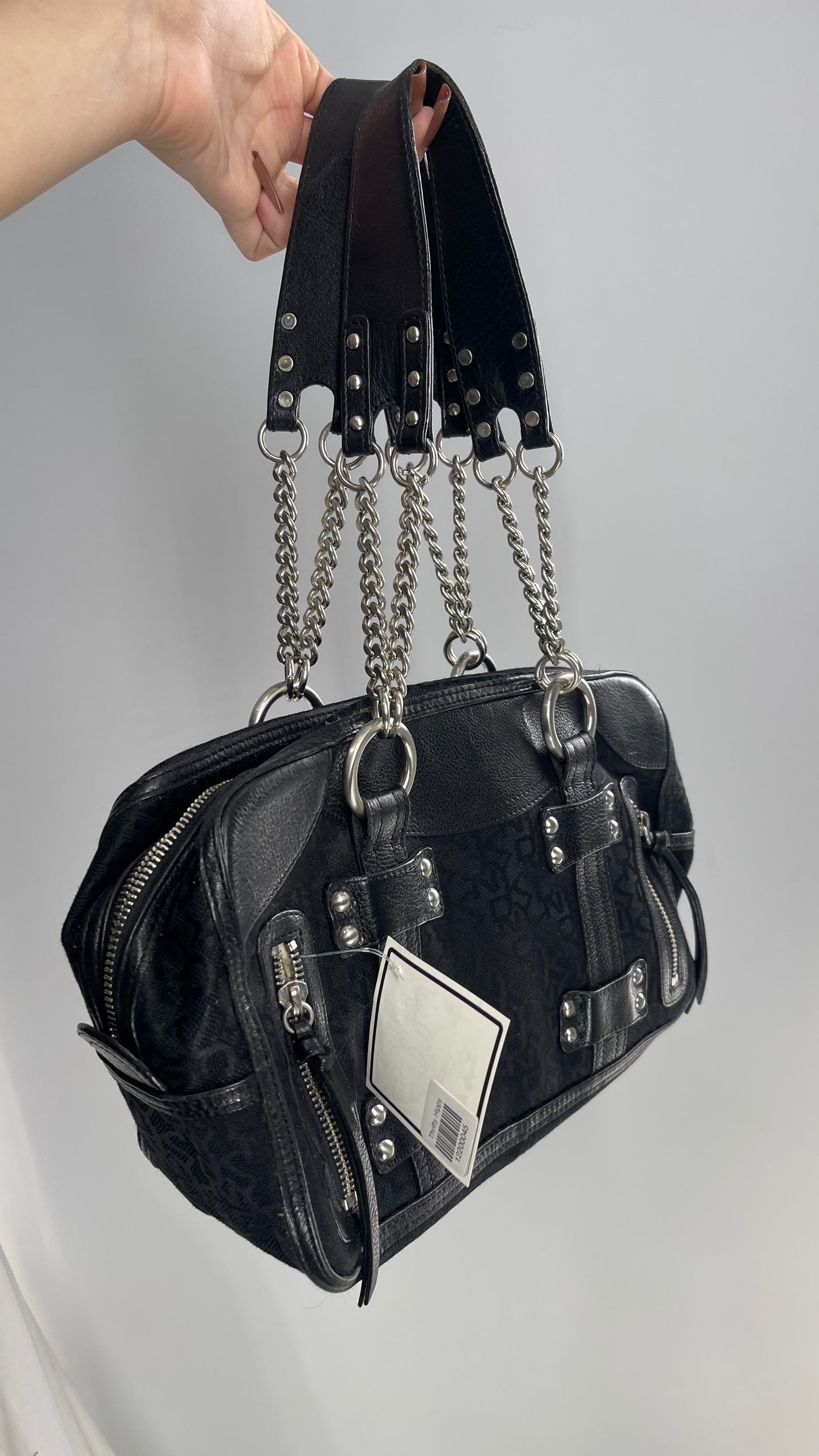 Vintage DKNY 1990s Black All Over Logo Bag with Leather and Chain Details