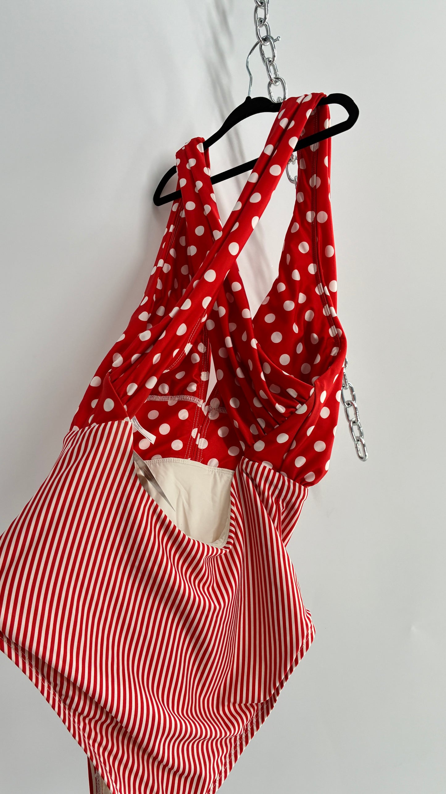 ALLIHOP Anthropologie Red and White Retro Thick Striped and Polka Dotted Bikini with Open Criss Cross Back (Small)