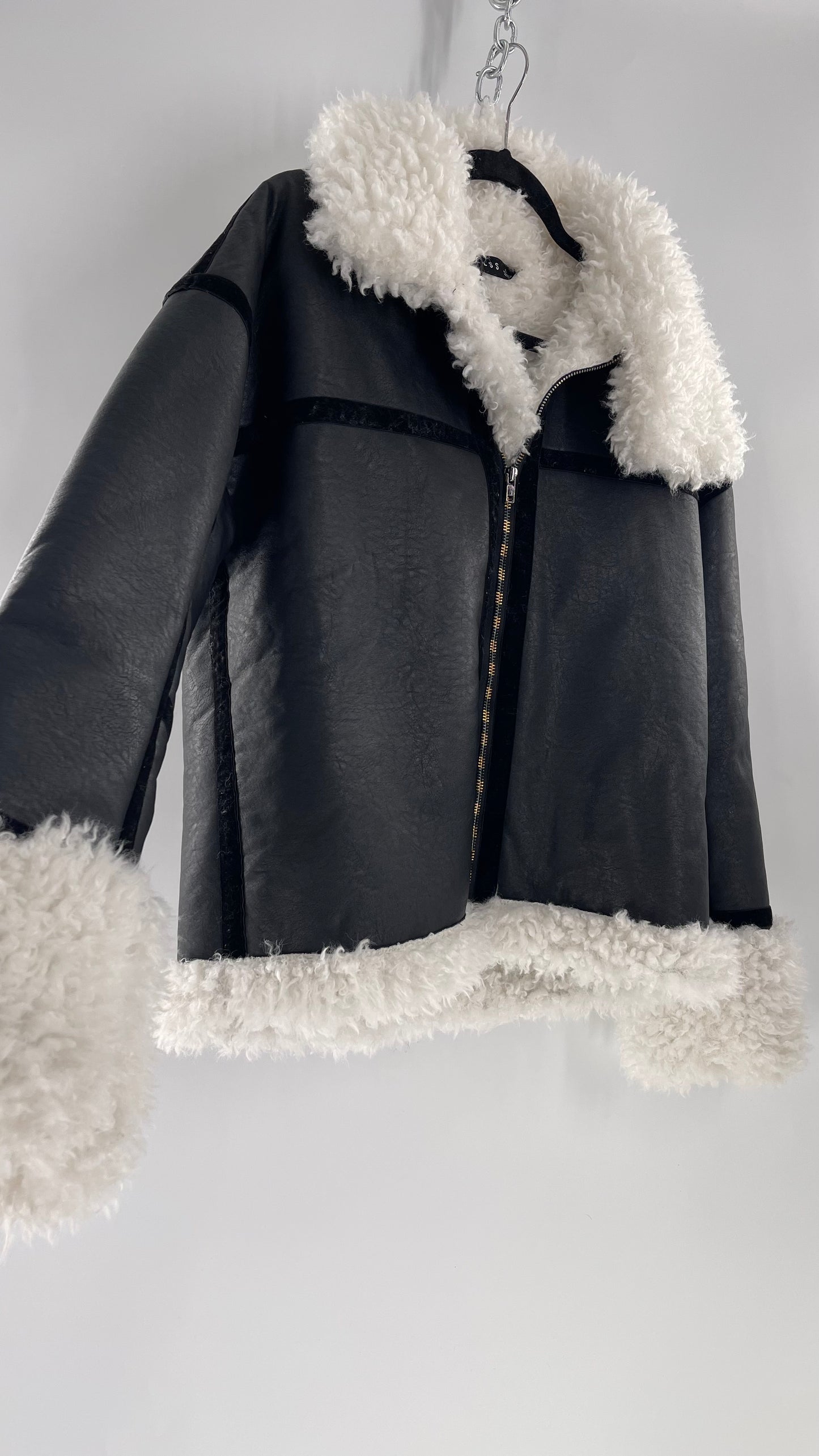 LIONESS Phoenix Jacket Black Faux Leather White Fur Trim (Large)