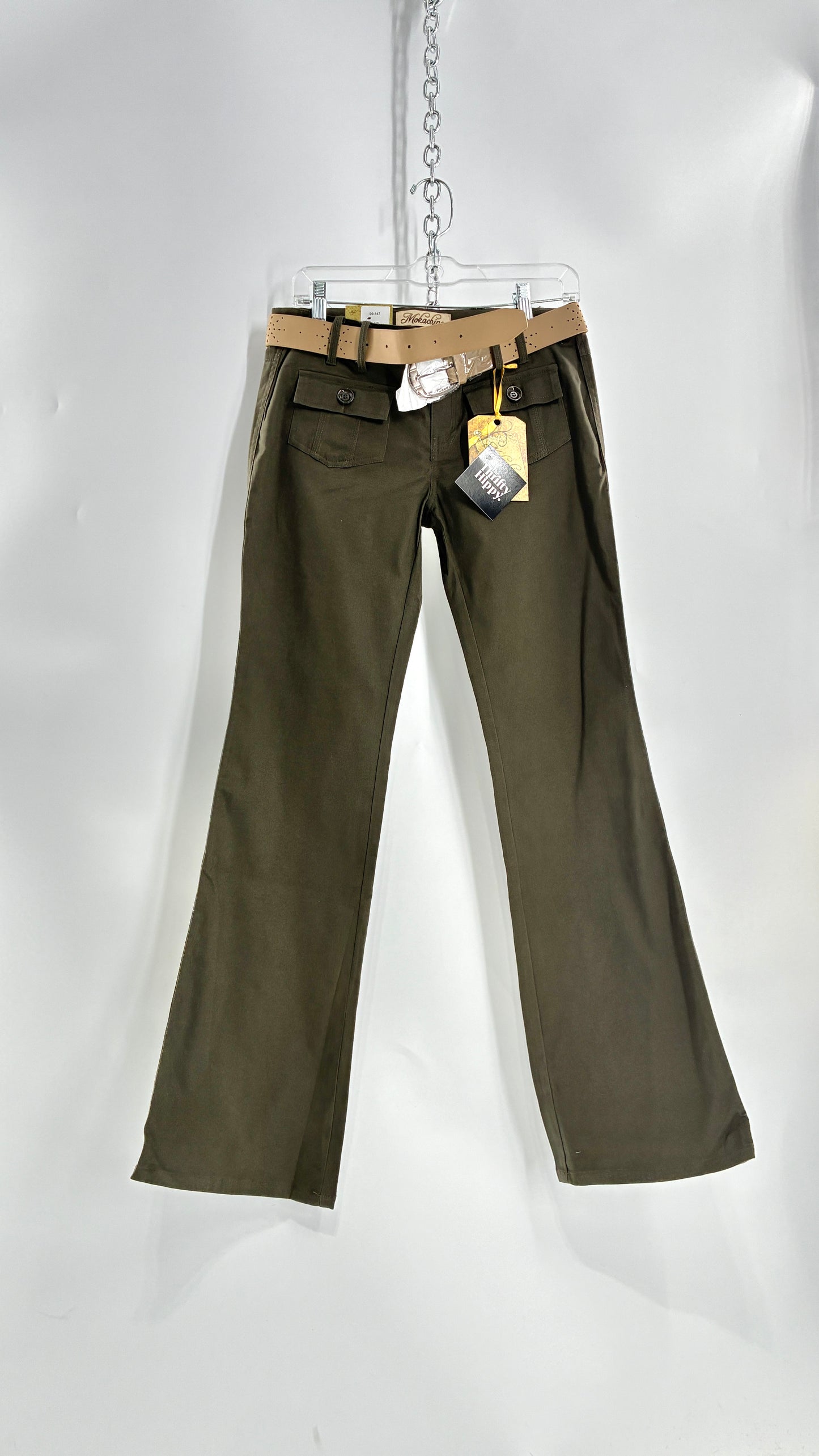 Deadstock Vintage MOKACHINO Olive Green Low Rise Kickflares with Hip/Bum Pockets and Built in Belt (7)