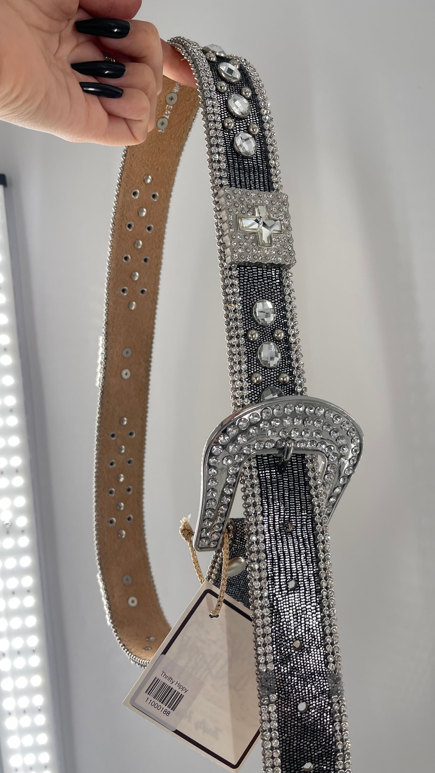 Free People Dark Silver Metallic Snake Print Belt covered in Crystal Embellishments and Heavy Metal Crosses (M)