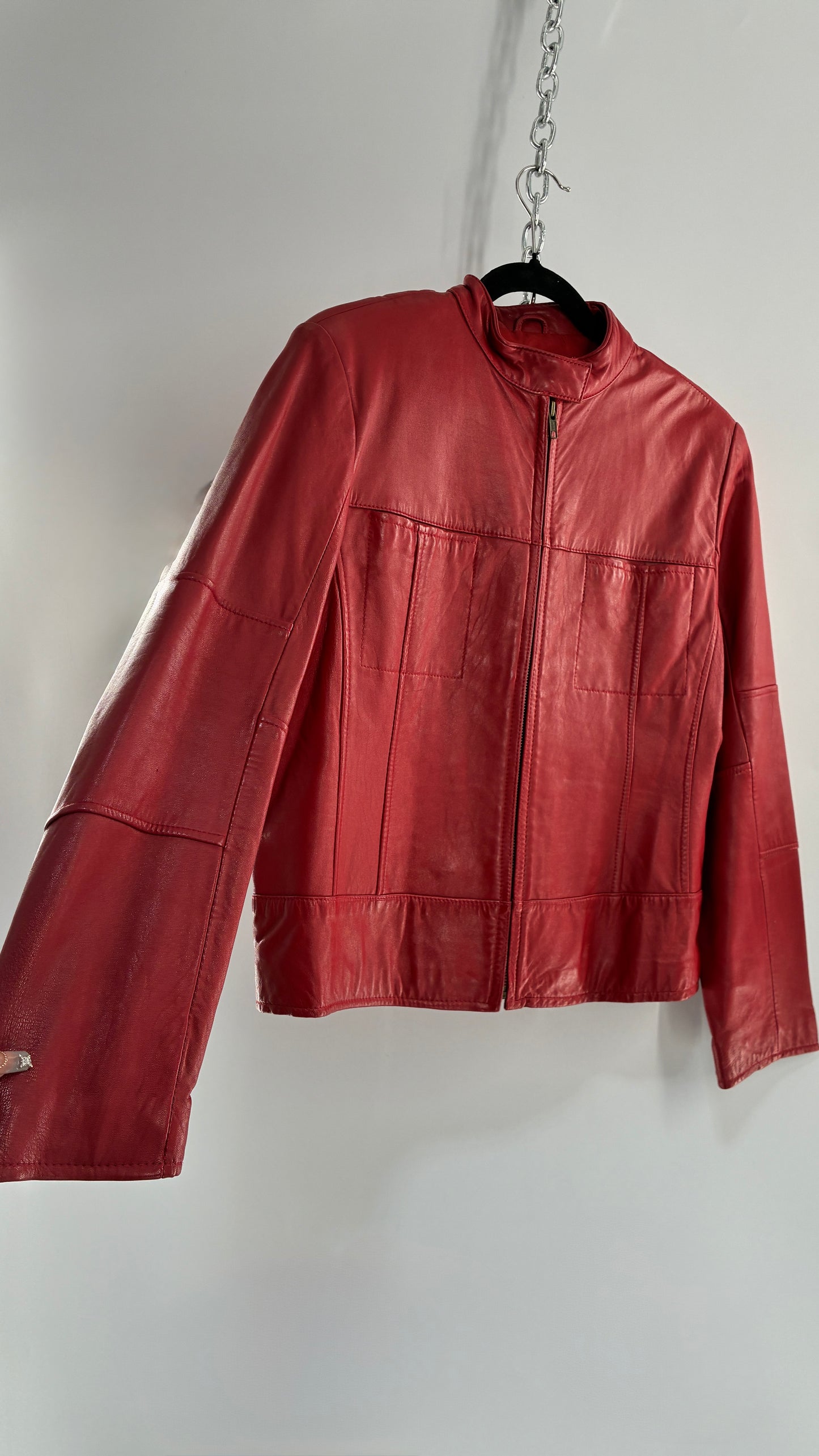 KATHY IRELAND Lamb Leather Red Motorcycle Neck Strap Jacket (Medium)