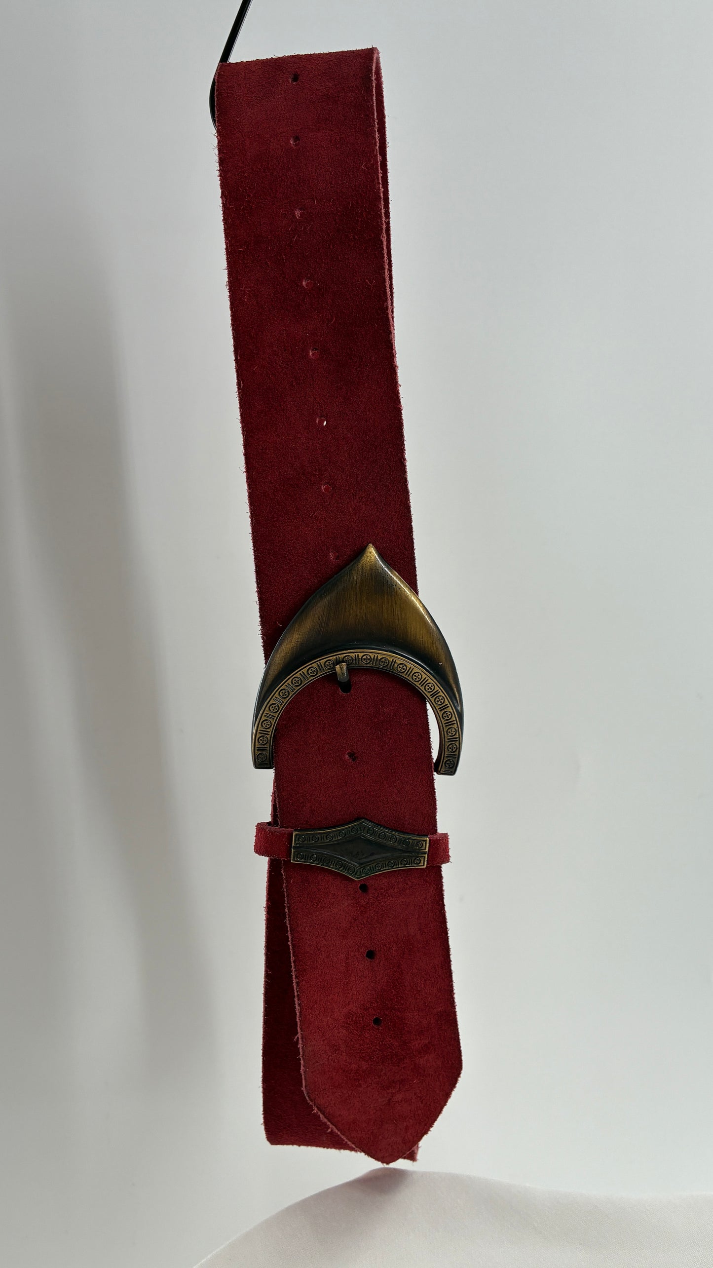 Genuine Suede Leather Maroon Red Belt w Oversized Engraved Buckle