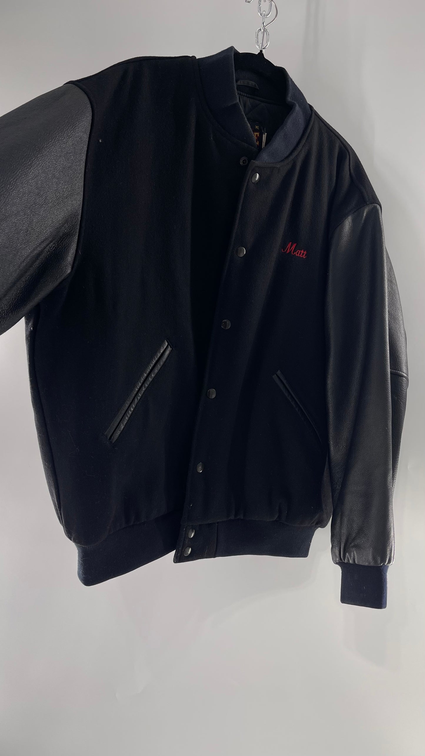 Vintage Somers Football Varsity Jacket with Leather Sleeves “Matt” Embroidery and Red Lettering (XL)
