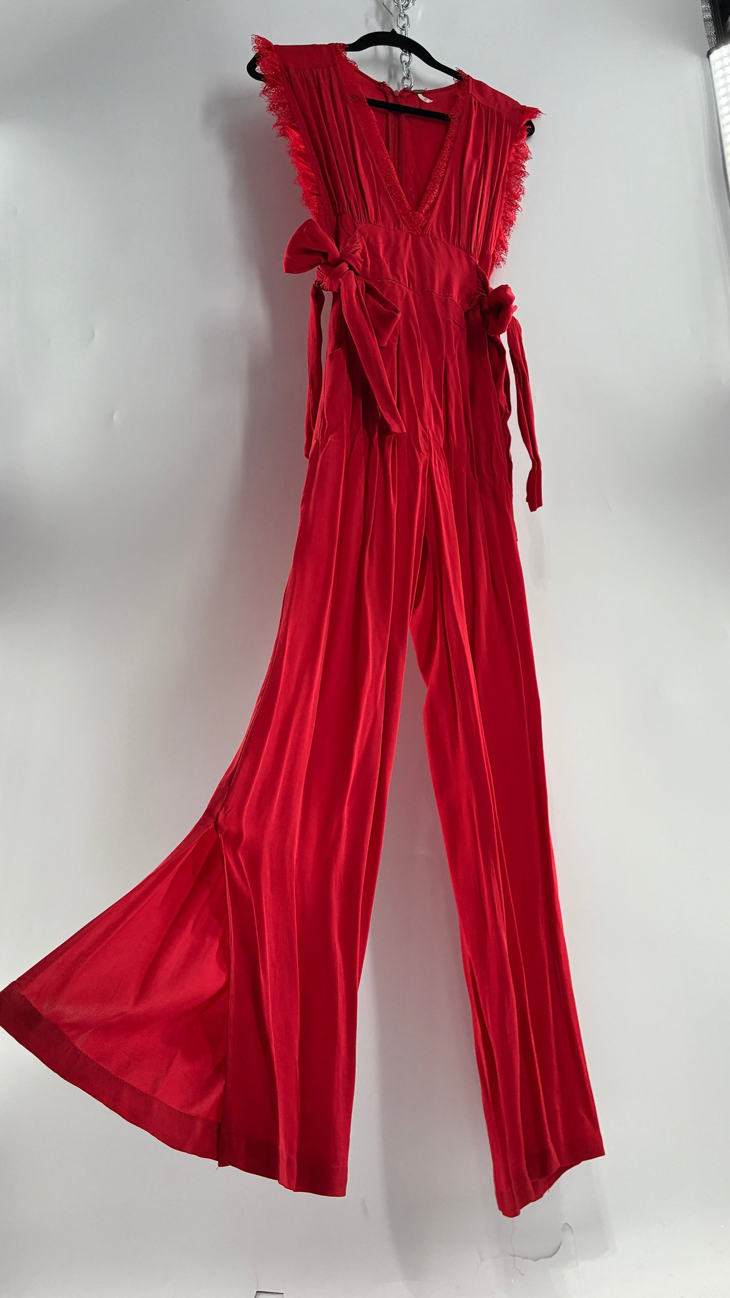 Free People Red Jumpsuit with Waist Ties and Scalloped Lace Details (2)