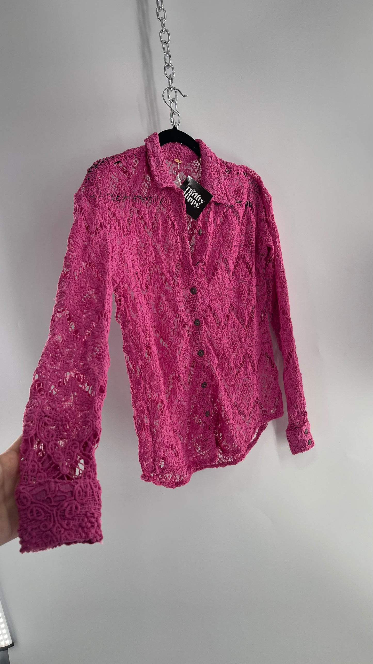 Free People Until Sunday Fuchsia Purple/ Pink Thick Lace Button Front Blouse with Coconut Buttons (XS)