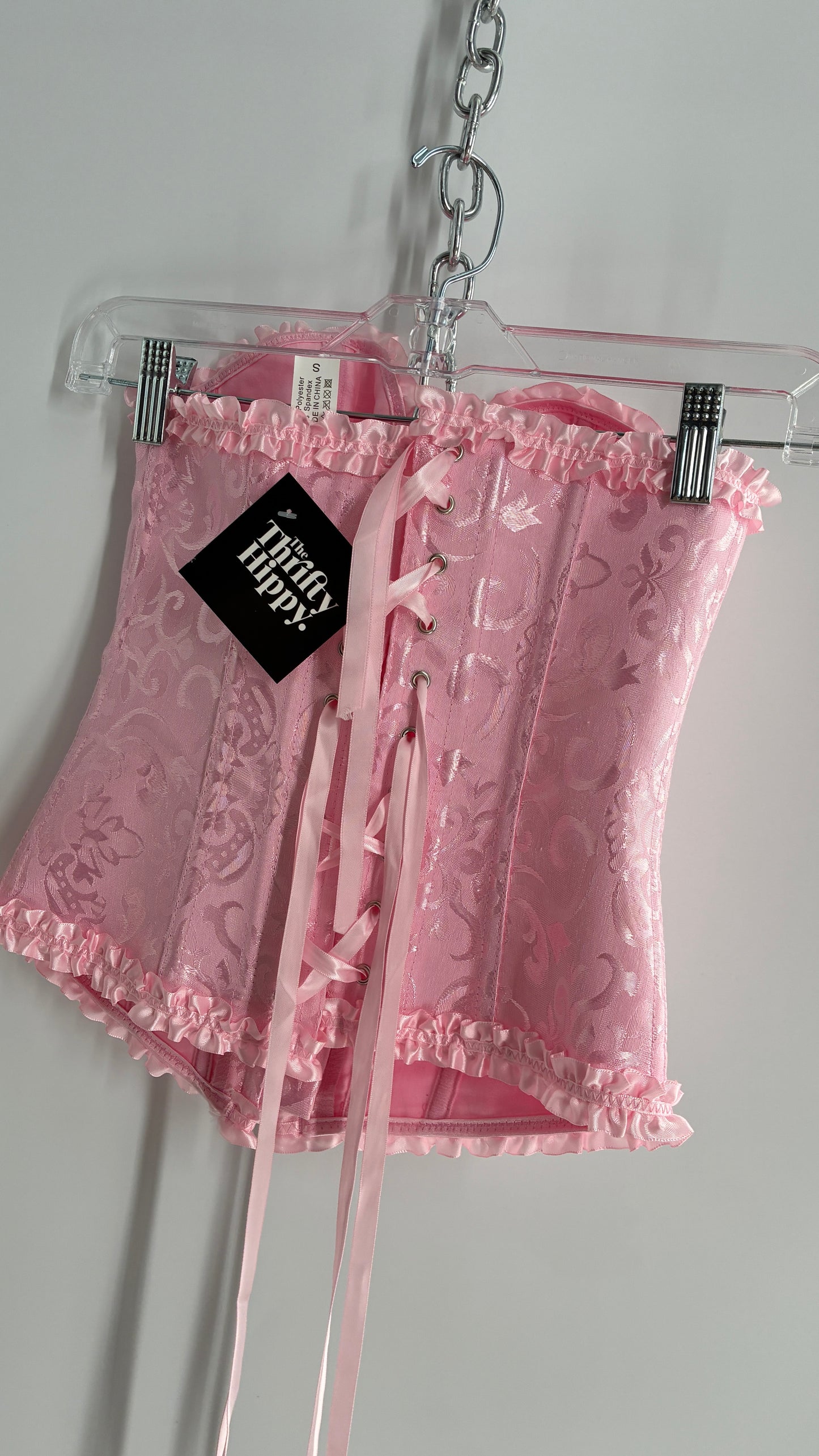 Baby Pink Ruffled Lace Trim Corset with Tie Bust Detail (Small)