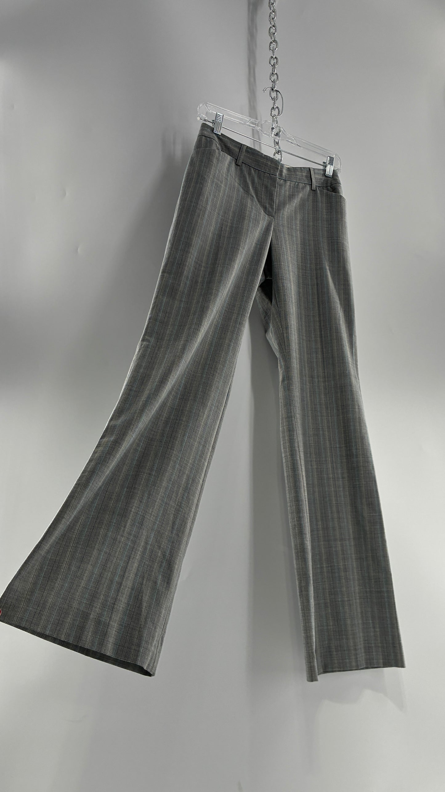 Vintage 1990s EXPRESS Editor Iconic Grey and Blue Low Rise Kickflare Pants (1)