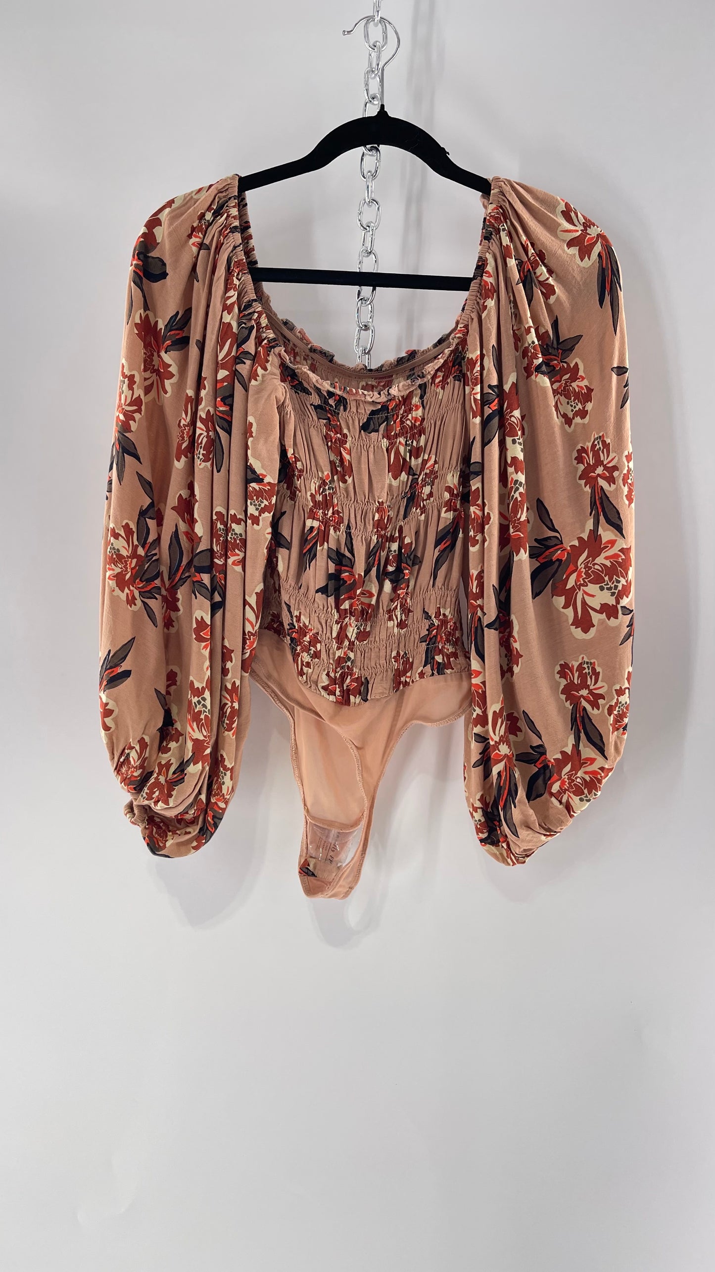 Free People Dusty Pink Smocked Floral Bodysuit with Dramatic Excessive Bubble Sleeves (XS)