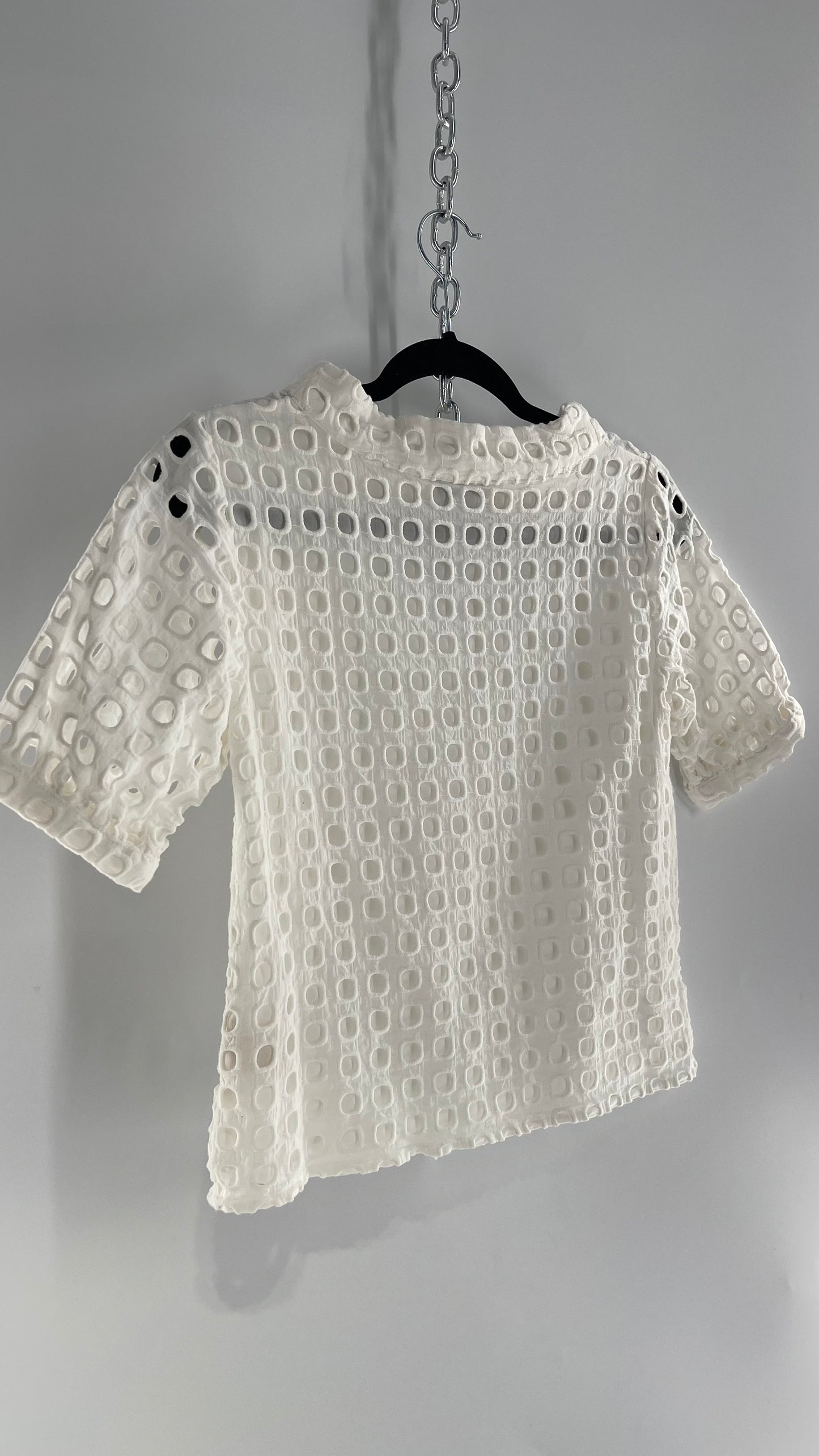 Anthropologie Wolven White Puff Sleeve Open Square Embroidery Layered Blouse (4)