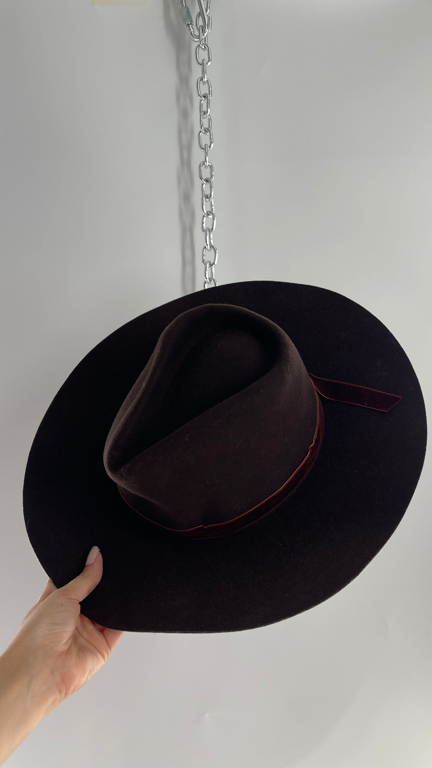 Free People Chocolate Brown 100% Wool Hat with Velvet Ribbon