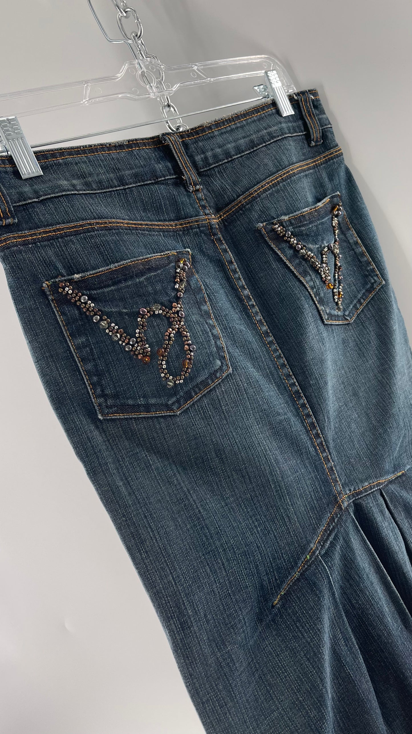 Vintage Stonewash Bebe Denim Long Skirt with Raw Edge Hem and Beaded Back Pocket Detail (27)