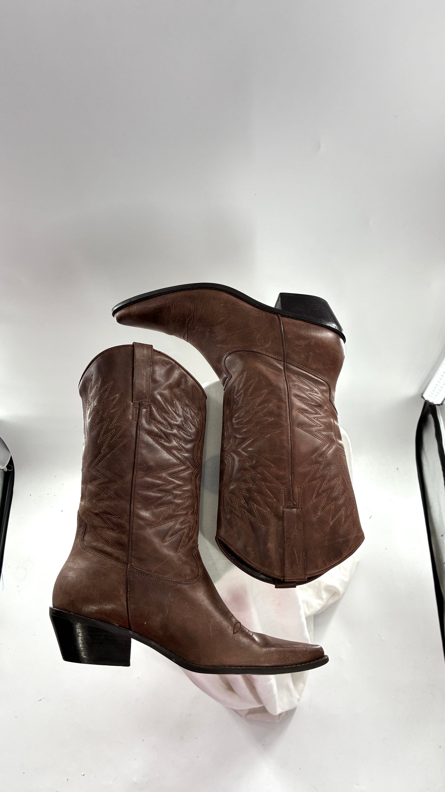 Vintage Genuine Leather Brown Cowboy Boots Made in Brazil (9.5)