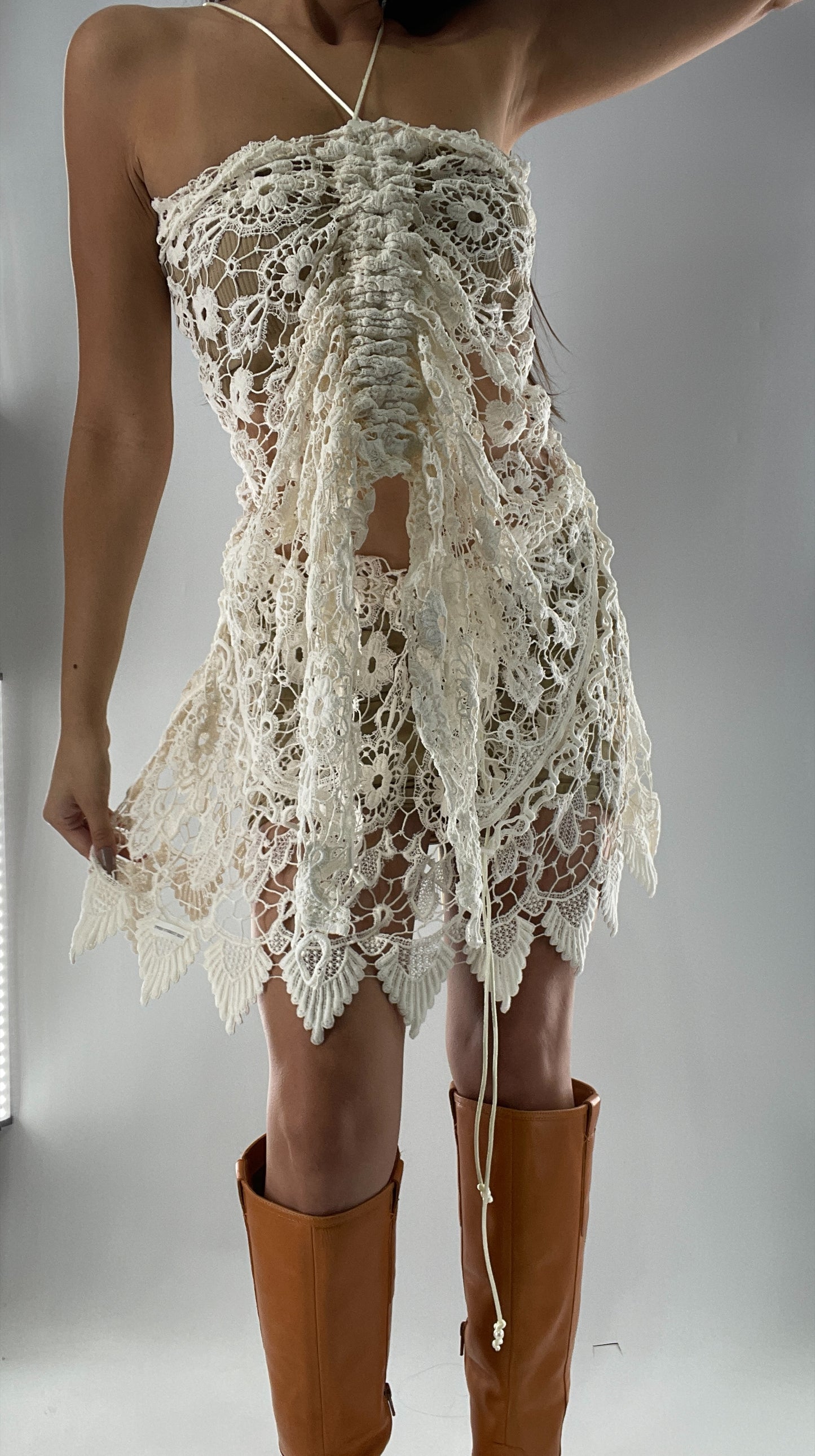 Vintage Handmade Heavy Duty Lace Two Piece Set with Butterfly/Moth Wing Top and Mini Skirt (One Size Fits Most)