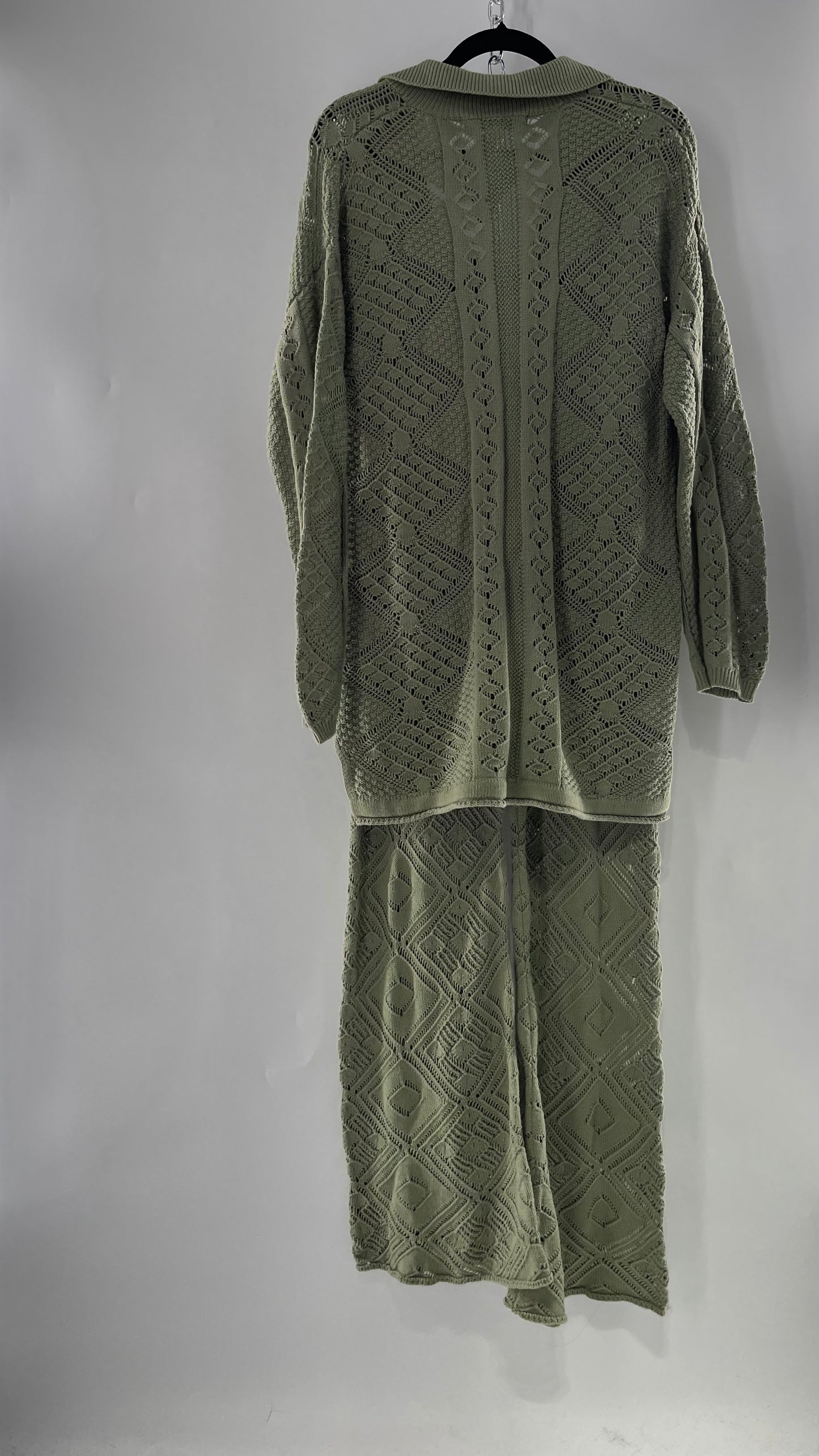 Free People Beach Sage Green Crochet Wooden Button Front Cardigan and Wide Leg Set (Medium)