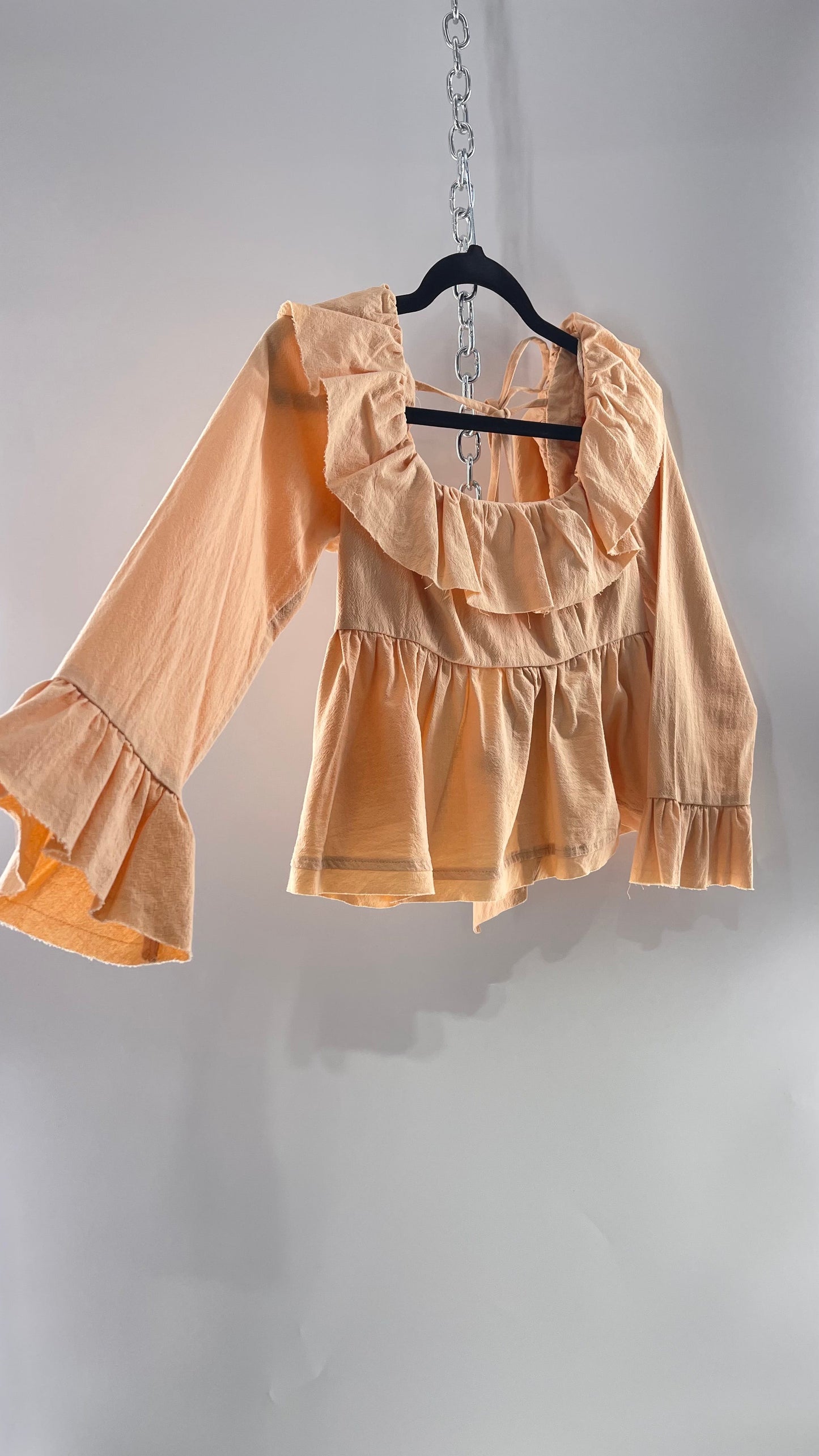 Free People Pumpkin Light Orange Backless Bow Back Cropped Blouse with Ruffle Sleeve and Neckline (XS)