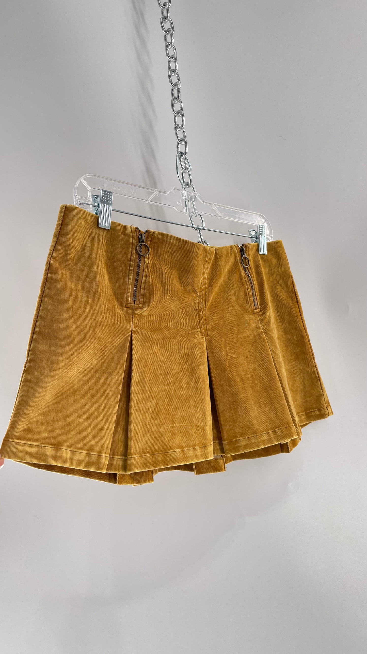 Urban Outfitters Mustard Corduroy Pleated Micro Mini Skirt with Brass Hip Zippers (Medium)